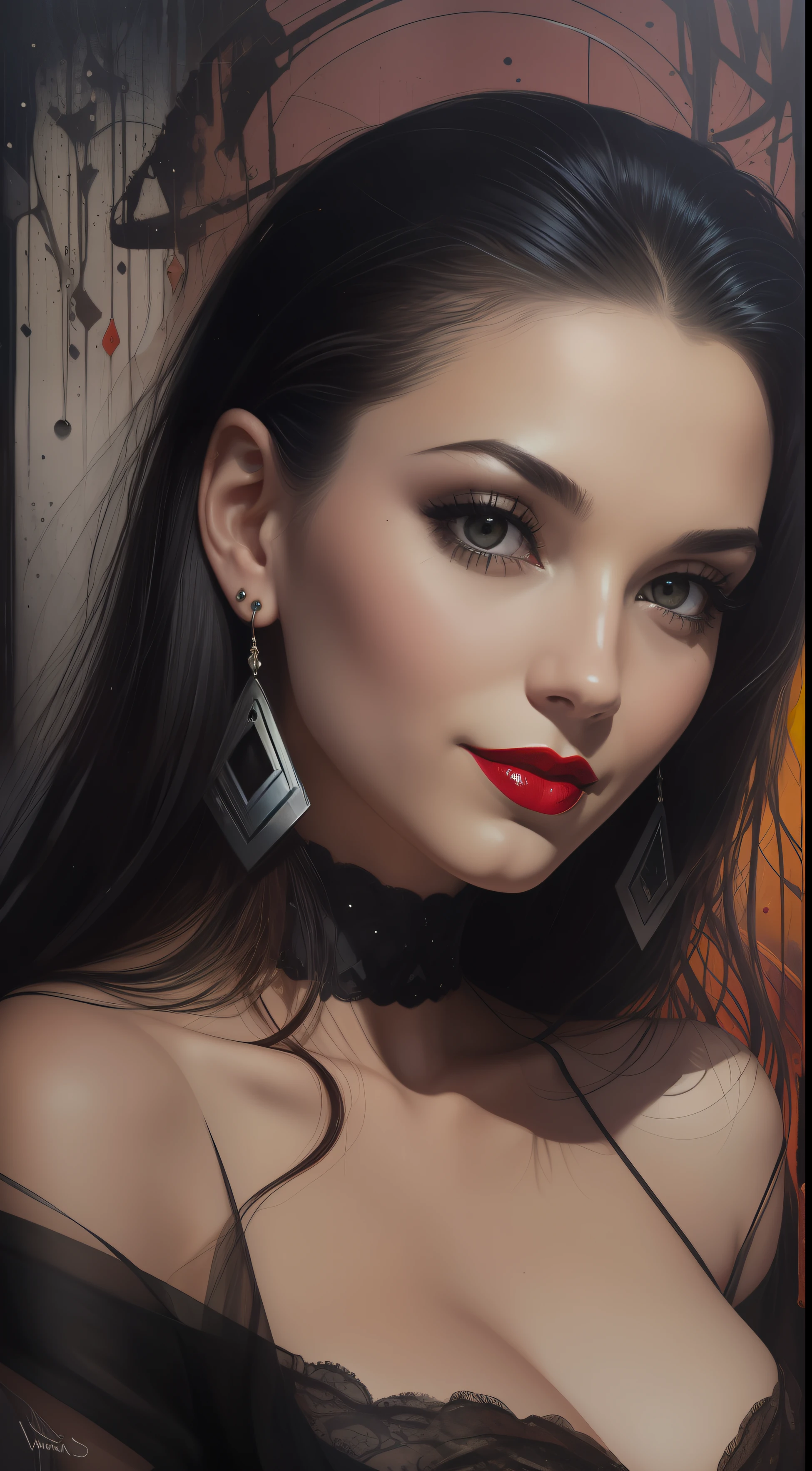 a ((film noir)) portrait painting of  looking at the camera with a subtle smile, she is wearing red lipstick and small black earrings and has bare shoulders and ((exposed breasts)),  shaft of light, by Gediminas Pranckevicius, Jean Giraud, Russ Mills, Carne Griffiths