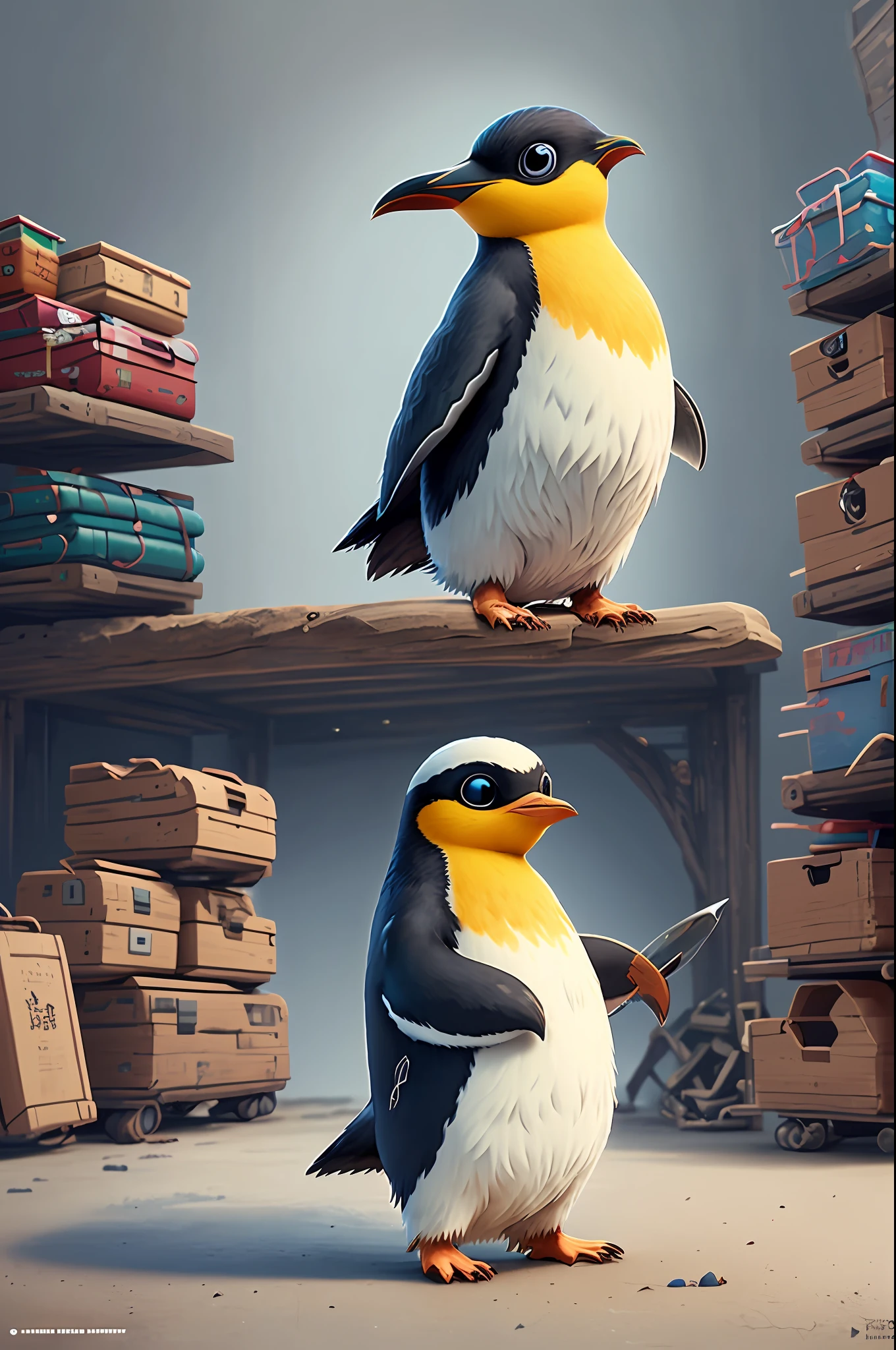 Round Penguin、Unreal Engine、Cozy interior lighting、Art Station、Mark Leiden、Pixar、Character design by Hayao Miyazaki、Unreal 5、daz、Hyper-realistic、Octane Render、3DMDT1