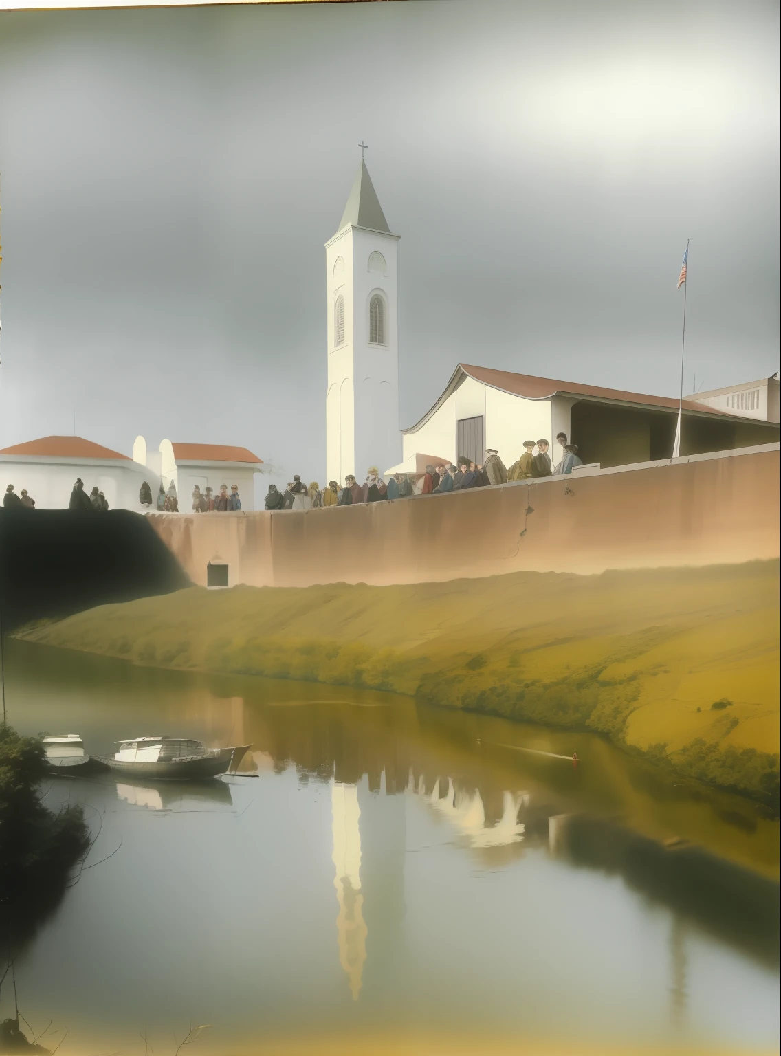 there is a picture of a picture of a church and a river, fotografia colorida antiga, foto colorida antiga, 1 9 4 0 imagem, historical image, hand - tinted, Foto dos anos 1940, historic photograph, fotografia de baixa qualidade, Fotografia tirada em 1 9 3 0, 4K foto autochrome, Foto de 1900
