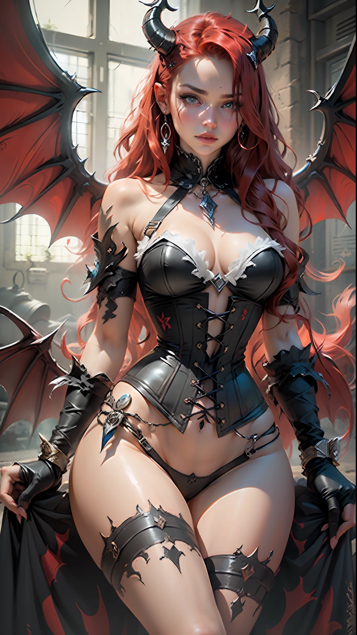 masterpiece, best quality, realistic, a demon girl, long red hair, corset horns, black wings, cat eyes, dark environment