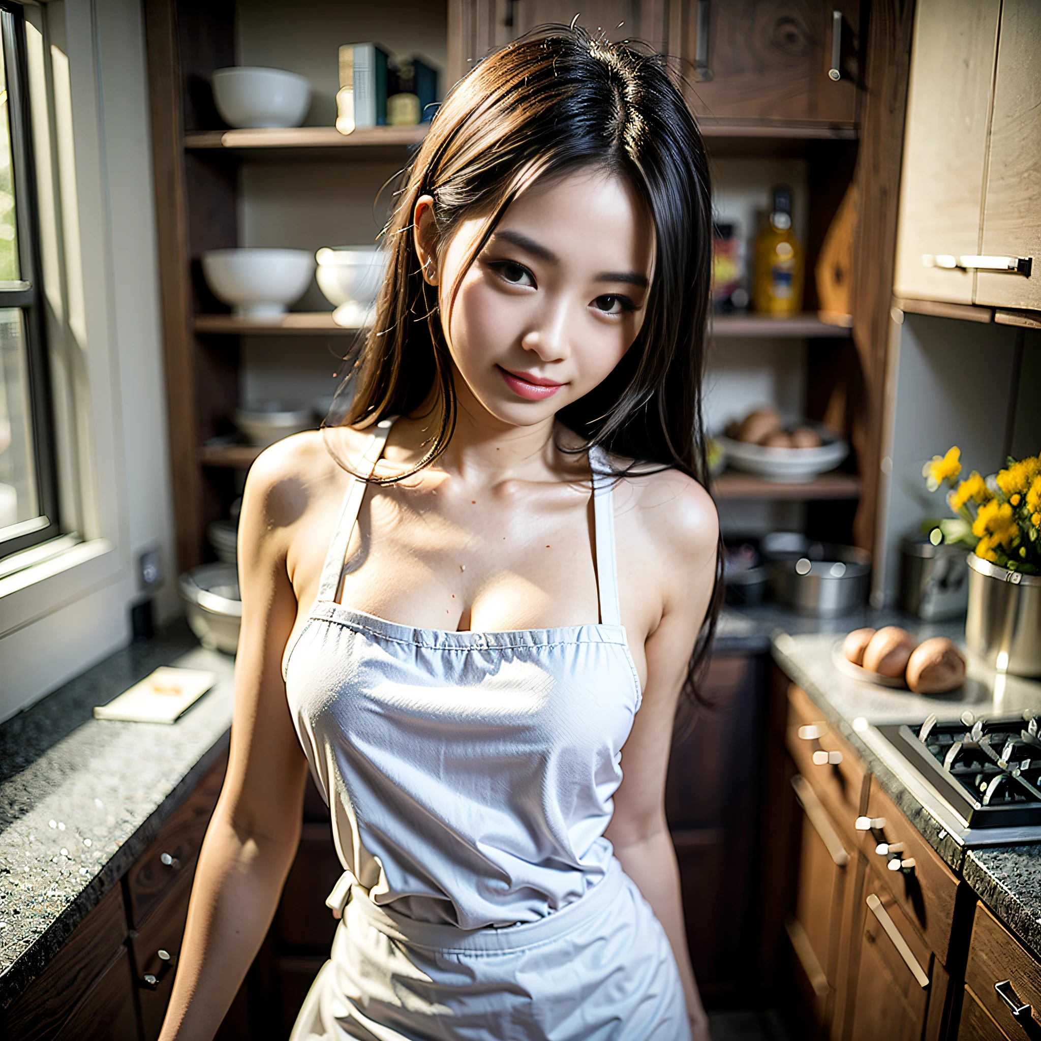 A masterpice、1girls、of the best quality、Alaf asian woman in apron posing in kitchen, Gorgeous models, Pretty women, Gorgeous kitchen, Man Woman, a beautiful female, shining skin, Double eyelids、Smile、Wearing an apron on your bare skin, Apron naked, Sexy Girl, Models, Sexy Body, Sexy hot body、flawless anatomy、high picture quality、