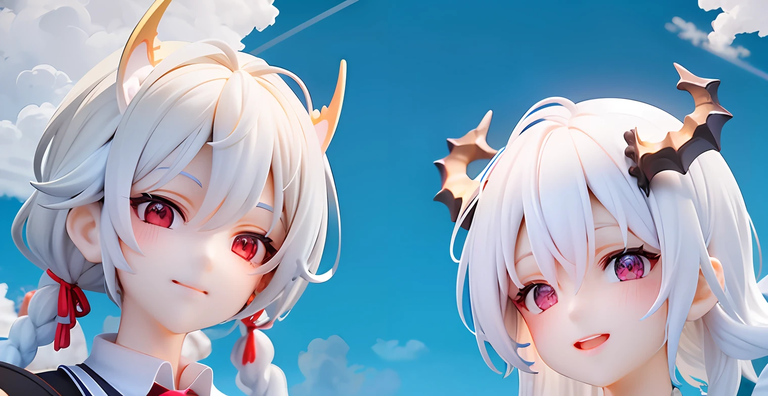 2girls, Red eyes、Sharp eye light、red necktie、Black Jacket、smile on face、White hair、Braids、Dragon Wings、Dragon's horn、Dragon's tail、Naturally、blue skies、white clouds、Mystical light, Upper body, Angle from below