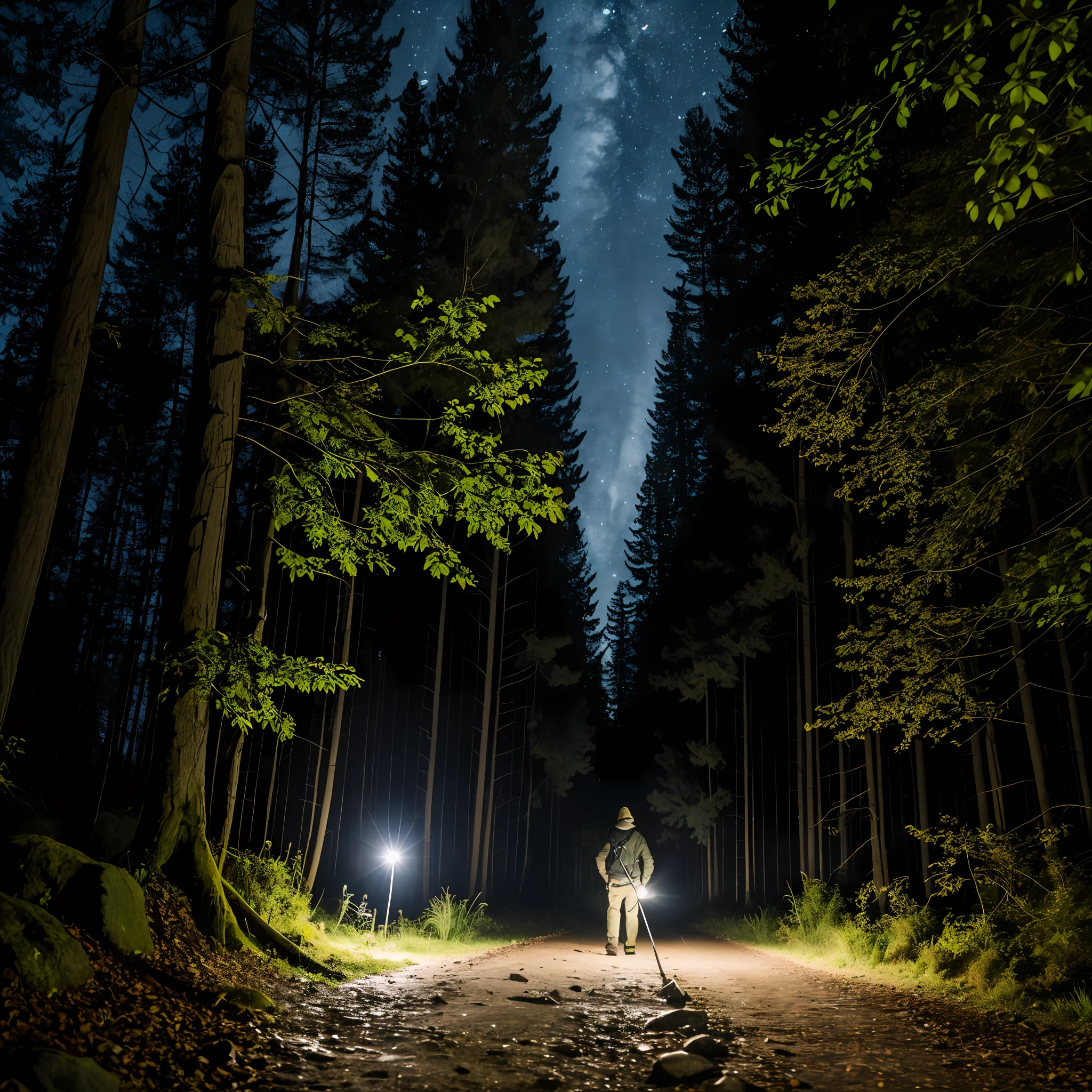 Man going to explore forest with a flashlight in his hand at night --auto