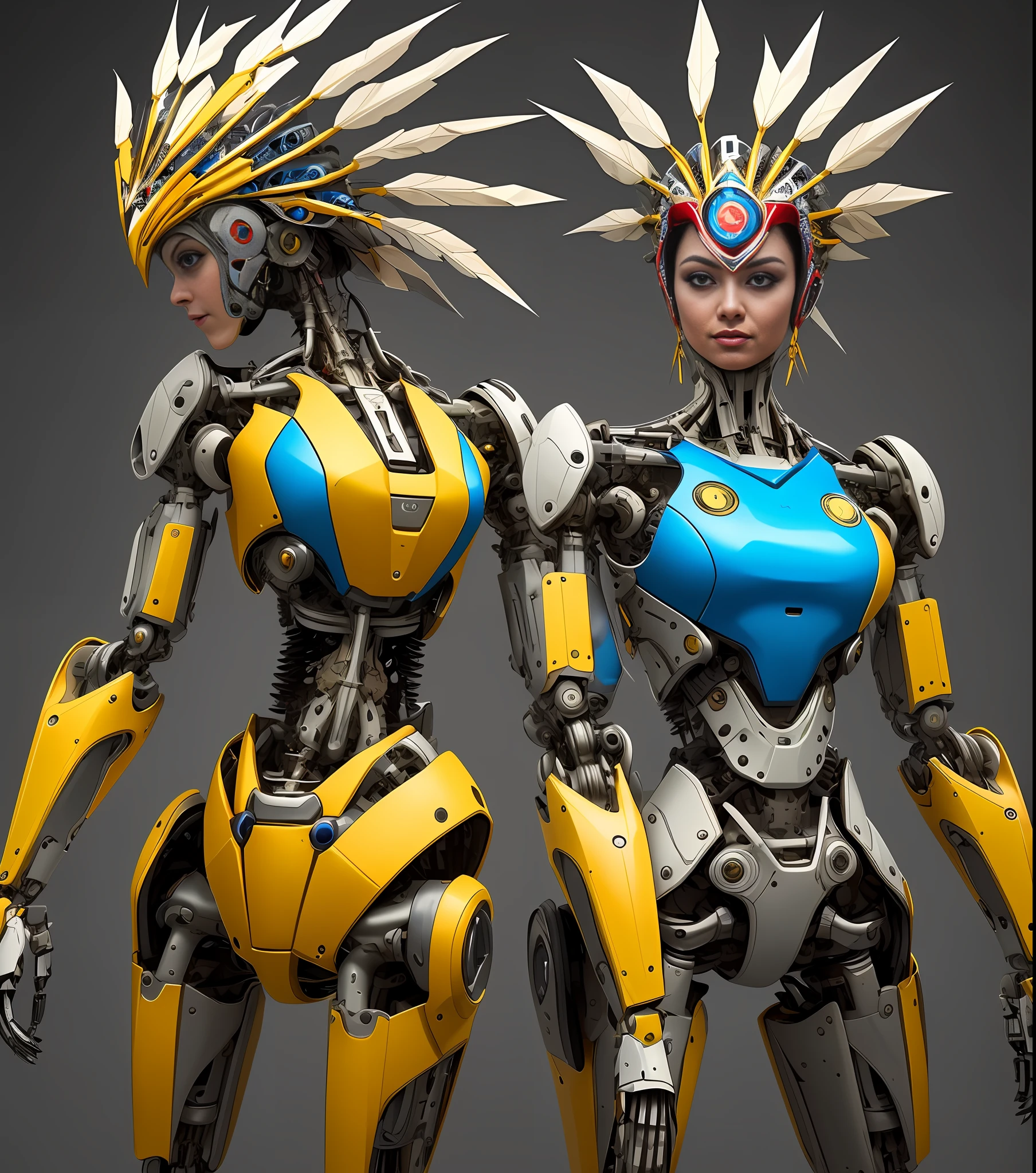 A mechanical robot female hero with a fancy costume and headdress