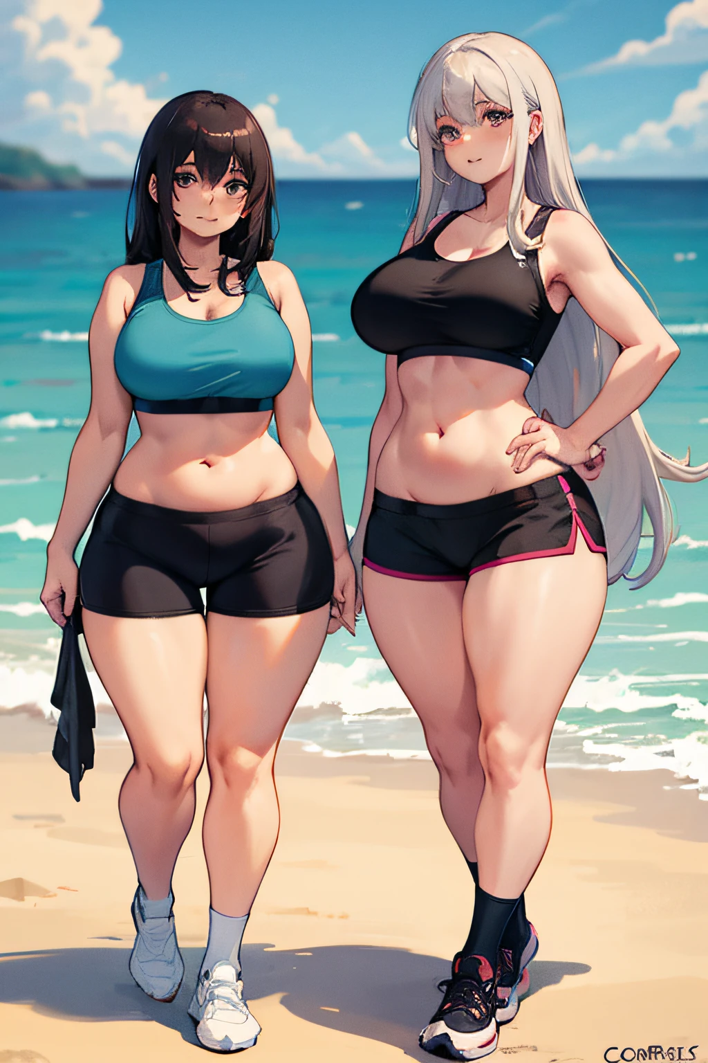 Araffes in a sports bra top and striped socks posing on a beach, beautiful thick female, corpo grande, thick thieves, coxas grossas, pernas grossas, coxas grandes, cintura magra e quadris grossos com rabo de raposa, quadris largos, Curvaceous Body, quadris mais largos, bra and shorts streetwear, bons quadris e pernas longas, sporty physique, grosso, curvy hourglass figure