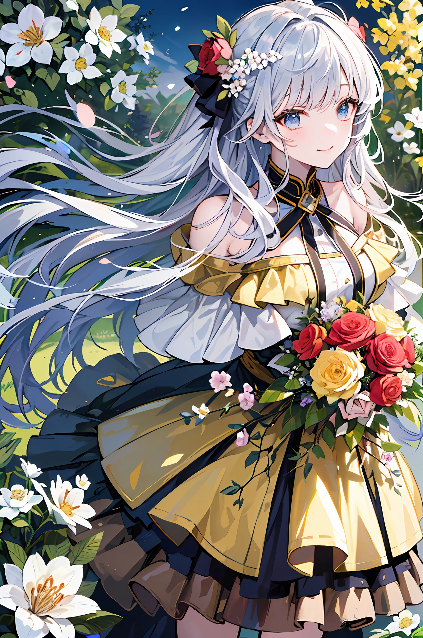 (A masterpice、of the best quality、illutst、Extremely high quality、high picture quality、Extremely sensitive writing)Girl with long silver hair standing in beautiful flowery garden、A slight smile、She has a large bouquet、Cute national costume style dress with ruffles on the shoulders、Hair fluttering in the wind
