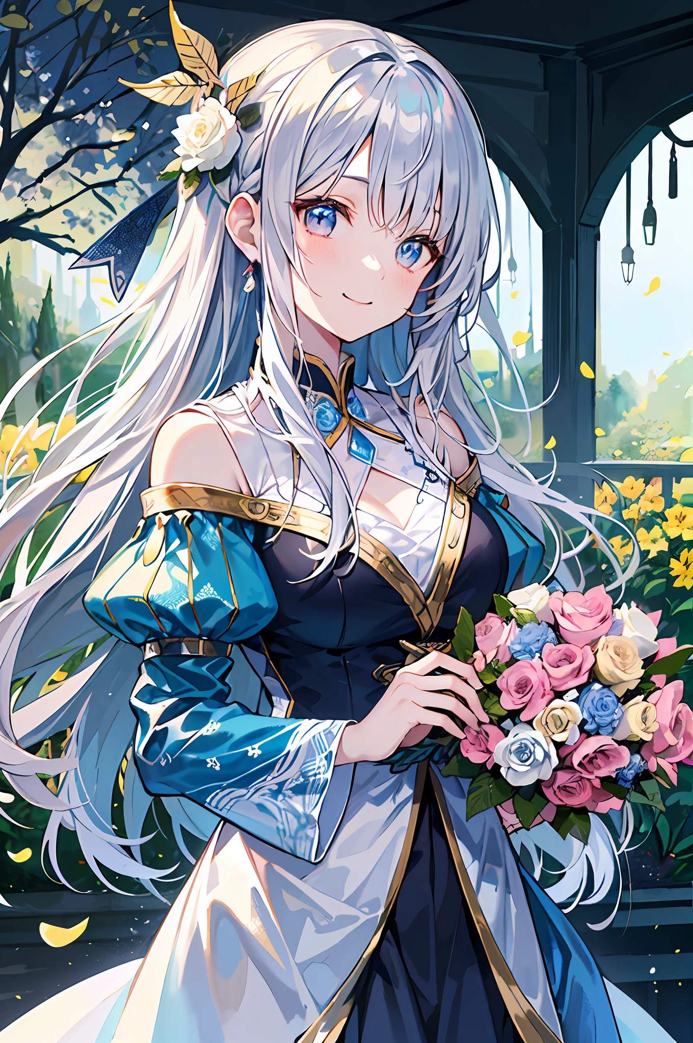 (A masterpice、of the best quality、illutst、Extremely high quality、high picture quality、Extremely sensitive writing)Girl with long silver hair standing in beautiful flowery garden、A slight smile、She has a large bouquet、Cute national costume style dress with ruffles on the shoulders、Hair fluttering in the wind