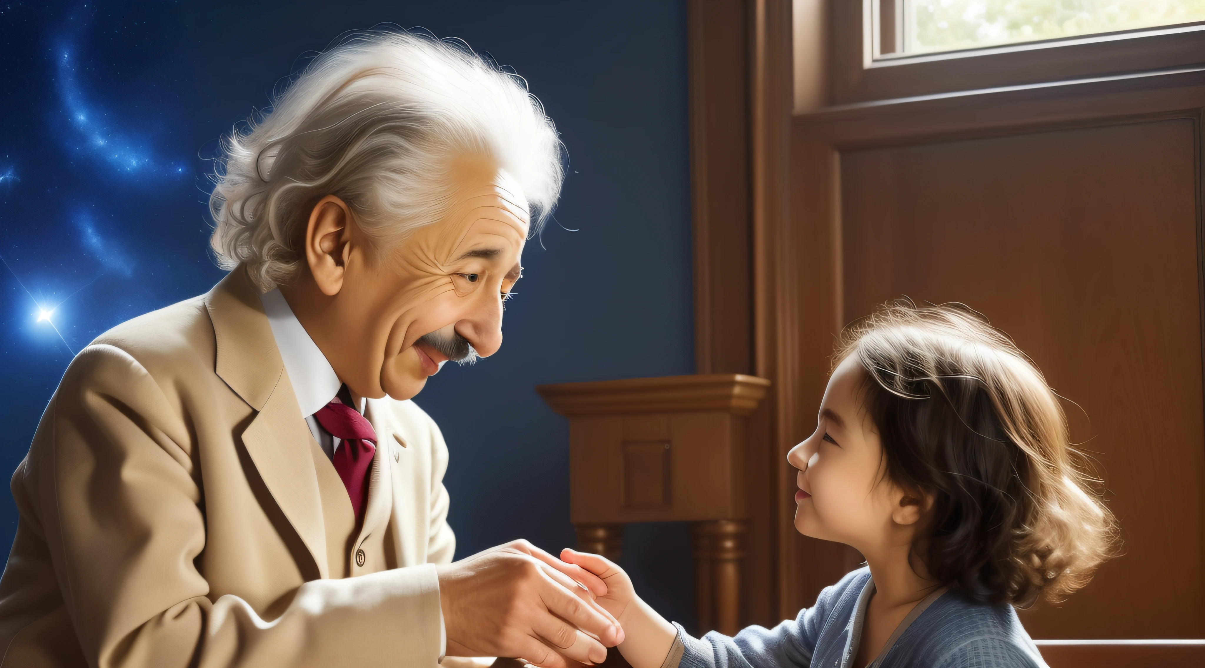 Albert Einstein shares a delightful moment with a 6-year-old child, their faces filled with joy and wonder. Einstein, known for his playful nature, engages in a fascinating conversation with the young mind, nurturing their curiosity and sparking their imagination. The scene is filled with warmth and tenderness as Einstein bends down to meet the child's eye level, embracing the opportunity to inspire the next generation of thinkers. This heartwarming interaction captures the essence of Einstein's belief in the power of curiosity and the importance of nurturing young minds to explore the mysteries of the universe.