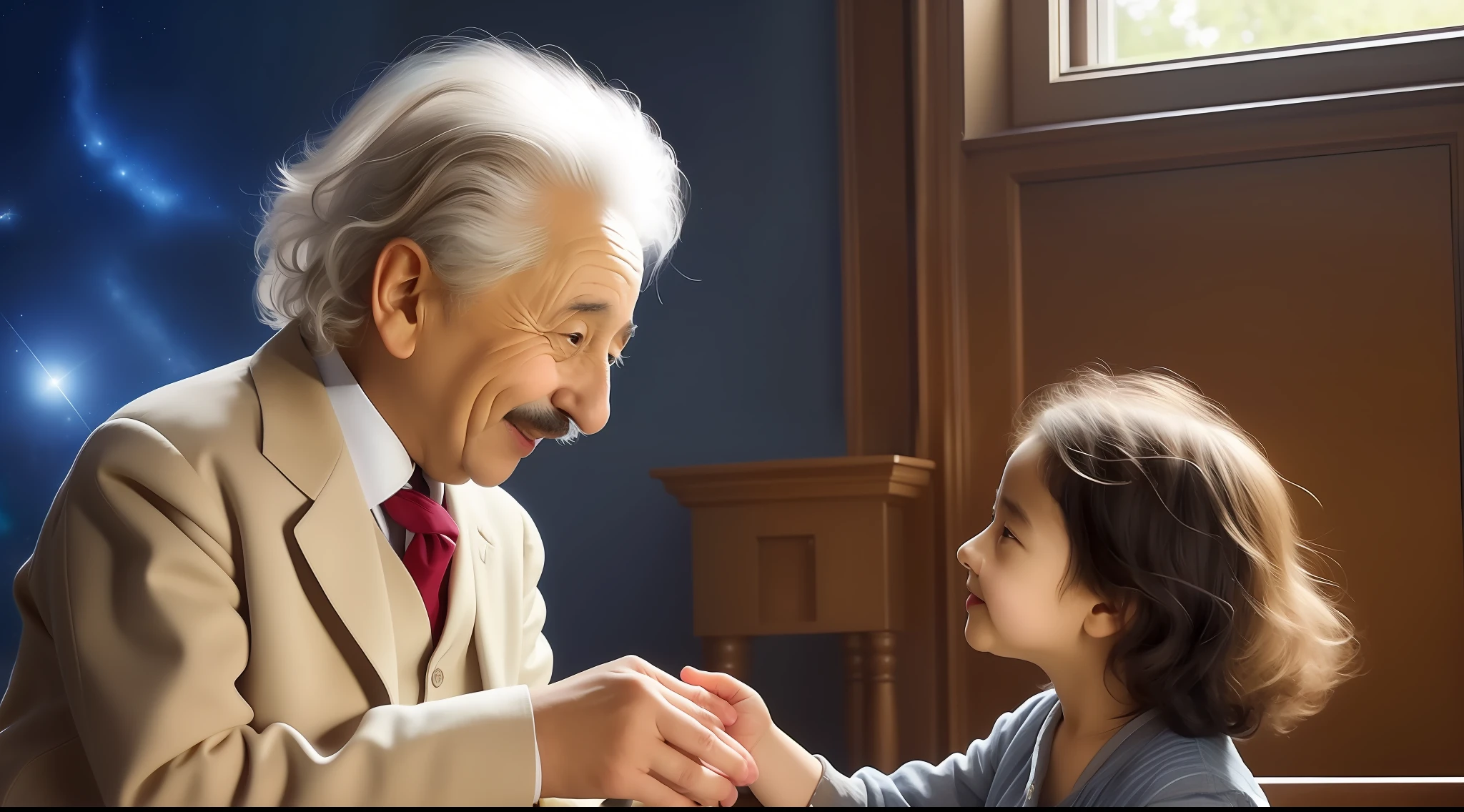 Albert Einstein shares a delightful moment with a 6-year-old child, their faces filled with joy and wonder. Einstein, known for his playful nature, engages in a fascinating conversation with the young mind, nurturing their curiosity and sparking their imagination. The scene is filled with warmth and tenderness as Einstein bends down to meet the child's eye level, embracing the opportunity to inspire the next generation of thinkers. This heartwarming interaction captures the essence of Einstein's belief in the power of curiosity and the importance of nurturing young minds to explore the mysteries of the universe.