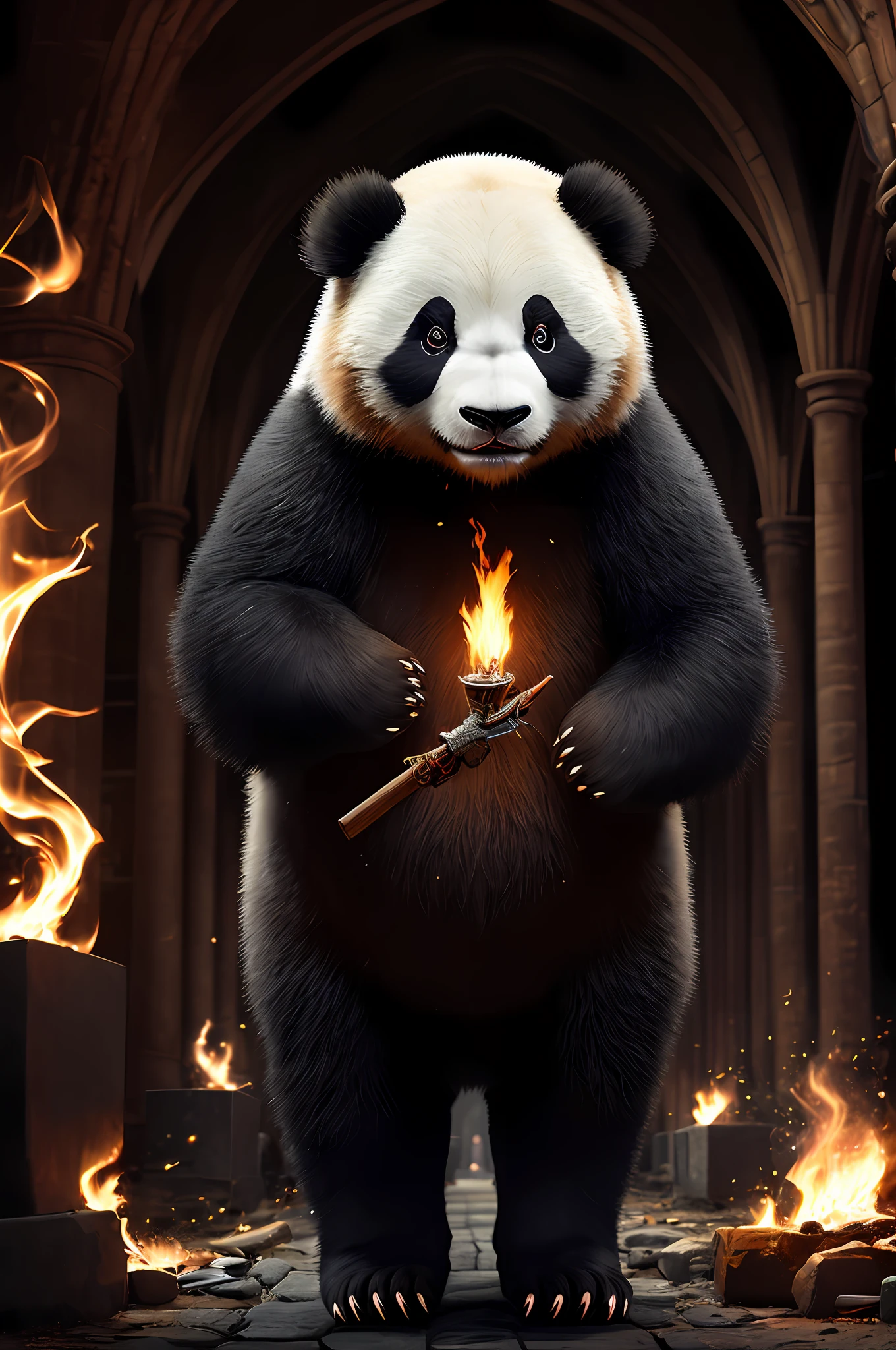 extremely detailed 8k wallpaper), intricate, richly detailed, dramatic, Panda bear with white kimono, ready for combat, Sinister face is drawn with only a pair of red eyes peeking underneath, graphics insanely, light is reflected in the ornaments, bright ashes ooze from the torches in the vaulted passage during the leisurely walk through the gloomy cathedral, Show the whole person with some distance from the surroundings to get your own license.