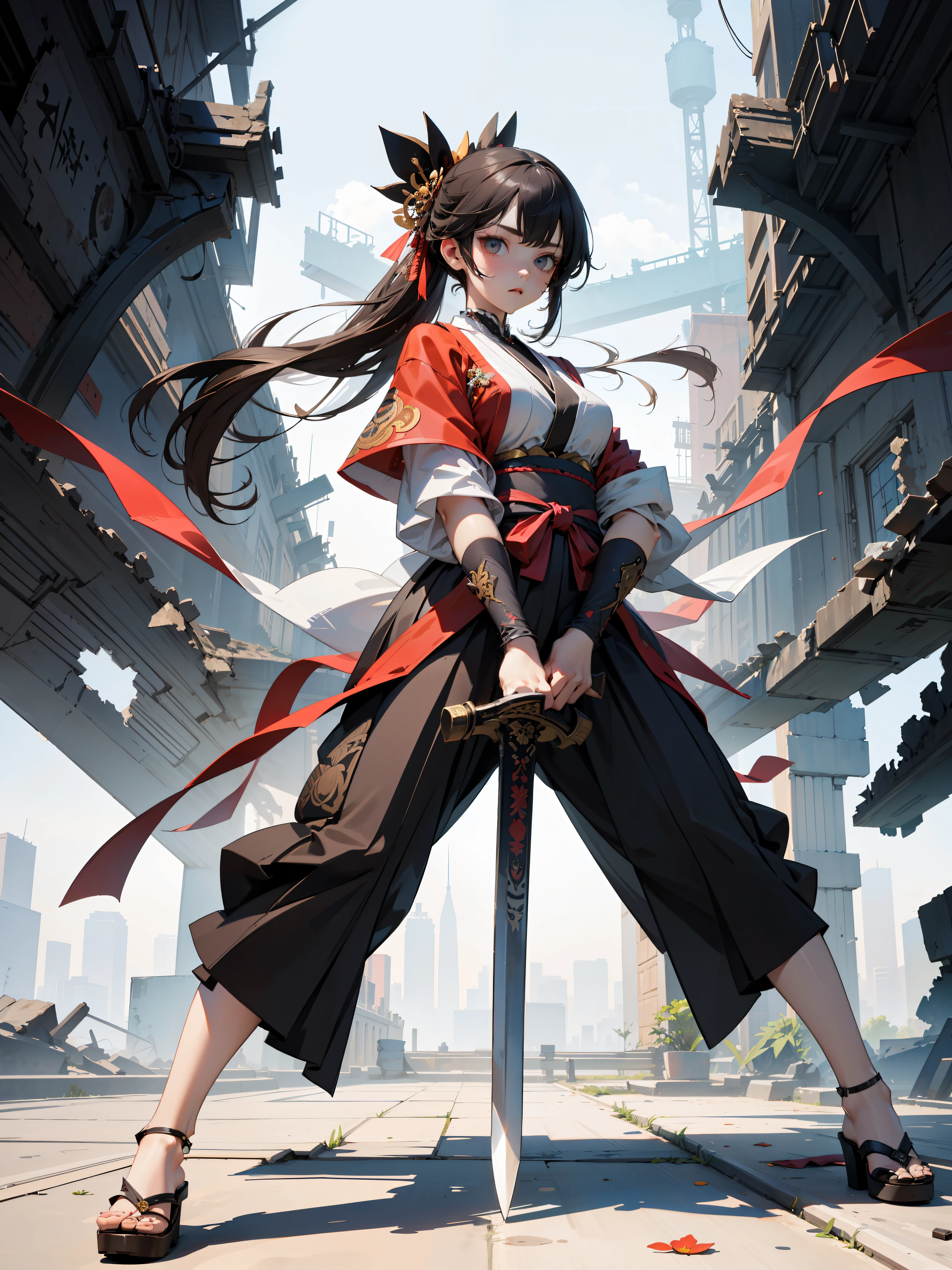 master peice,hyper quality, hyper-detail,Perfect drawing,fwb,3D,Illustration、Hi-Res、Beautiful girl in samurai costume holding a sword、Outrage、Sharp eye light、purgatory、Ruins、beatiful backgrounds、