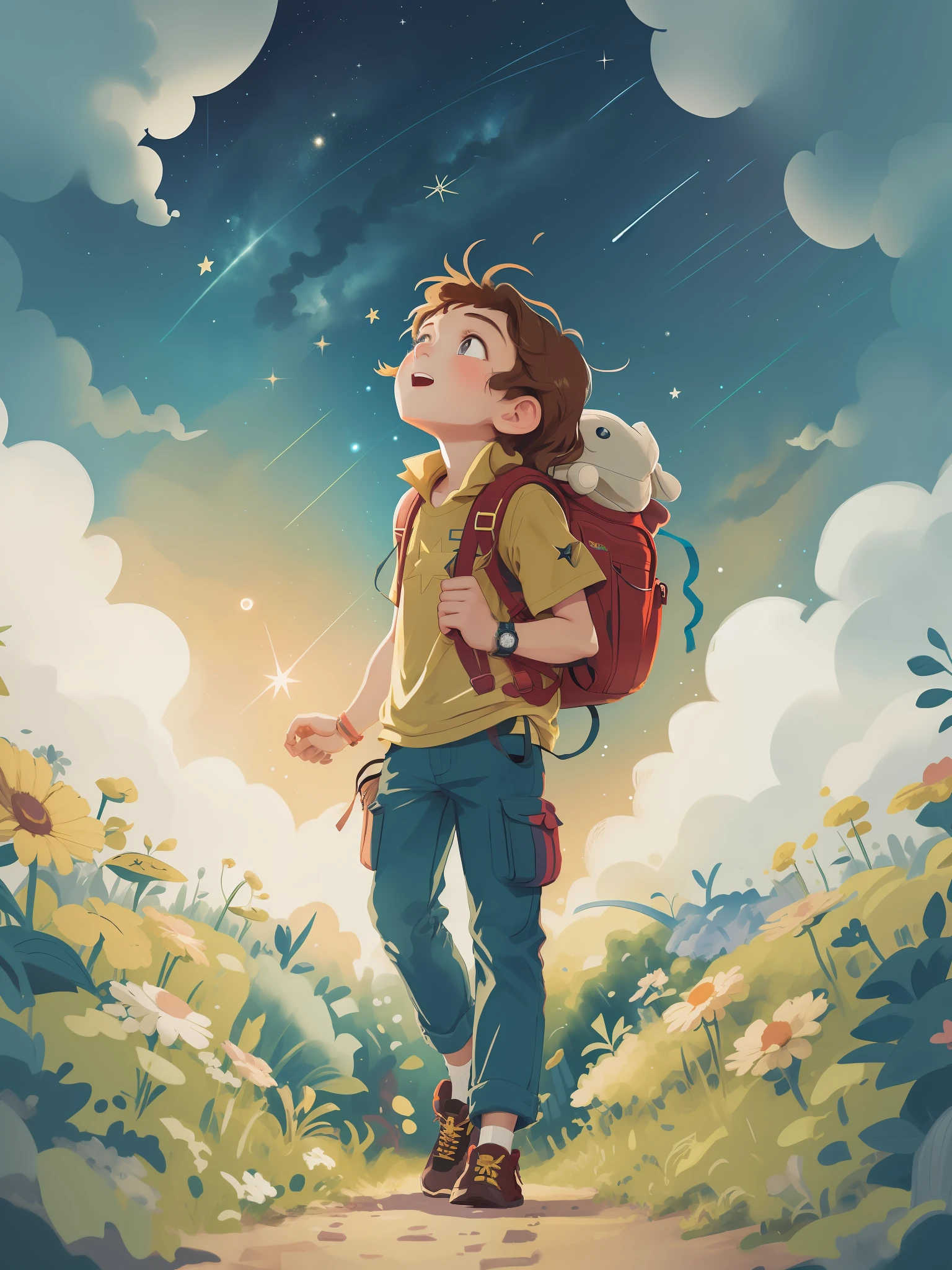 night,Starry night,Beautiful starry sky,A star glowing in the middle,A silhouette with a back figure looks up at the sky and moves forward,Wear shirts and trousers,The expression of excitement to find,Carrying a backpack,masterspiece,Ridily details,Ultra-wide lens