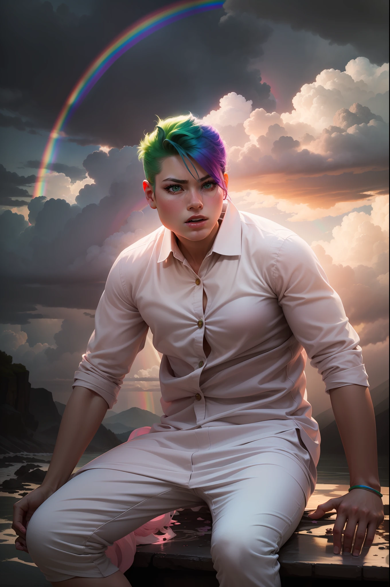 (masterpiece), ultra-high-definition, surreal scenery, vibrant colors, dramatic lighting, (1girl) in the center, piercing eyes, (green hair:1.2+pink hair:0.9), ethereal dress, surrounded by (floating flowers:1.1+glowing orbs:0.8), (dramatic clouds:1.3+rainbow: 0.7) in the background.