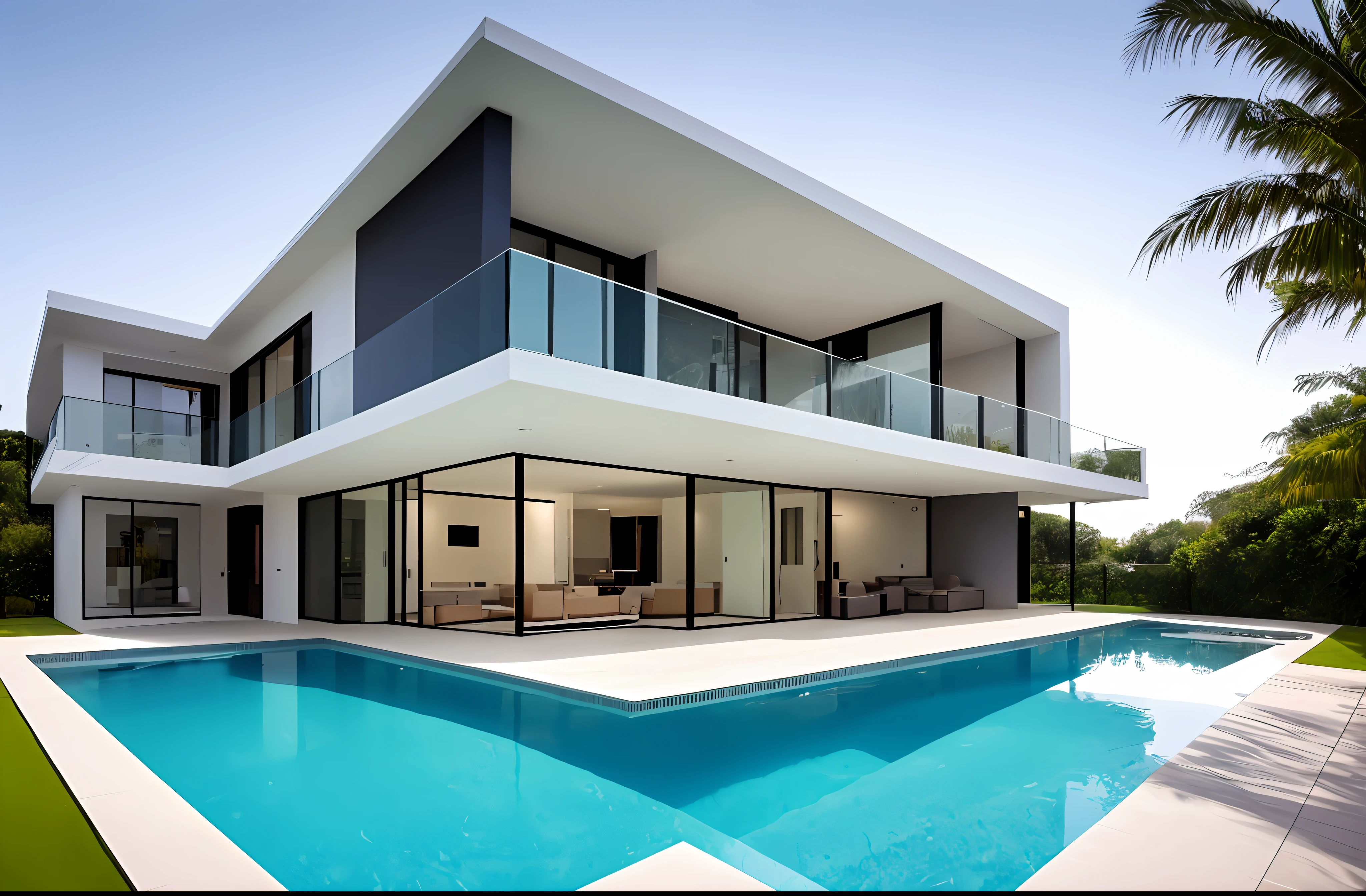 arafed view of a modern house with a pool and a patio, ultra moderno, design de arquitetura moderna, contemporary architecture, arquitetura de luxo, arquitetura moderna, ambiente moderno, Design moderno premiado, minimalista moderno, sleek utopian design, casa moderna, moderno e minimalista, casa contemporanea, contemporary design, design moderno, minimalista moderno, arquitetura premiada, arquitetura premiada, sunset, melhor qualidade, best resolution, 32k