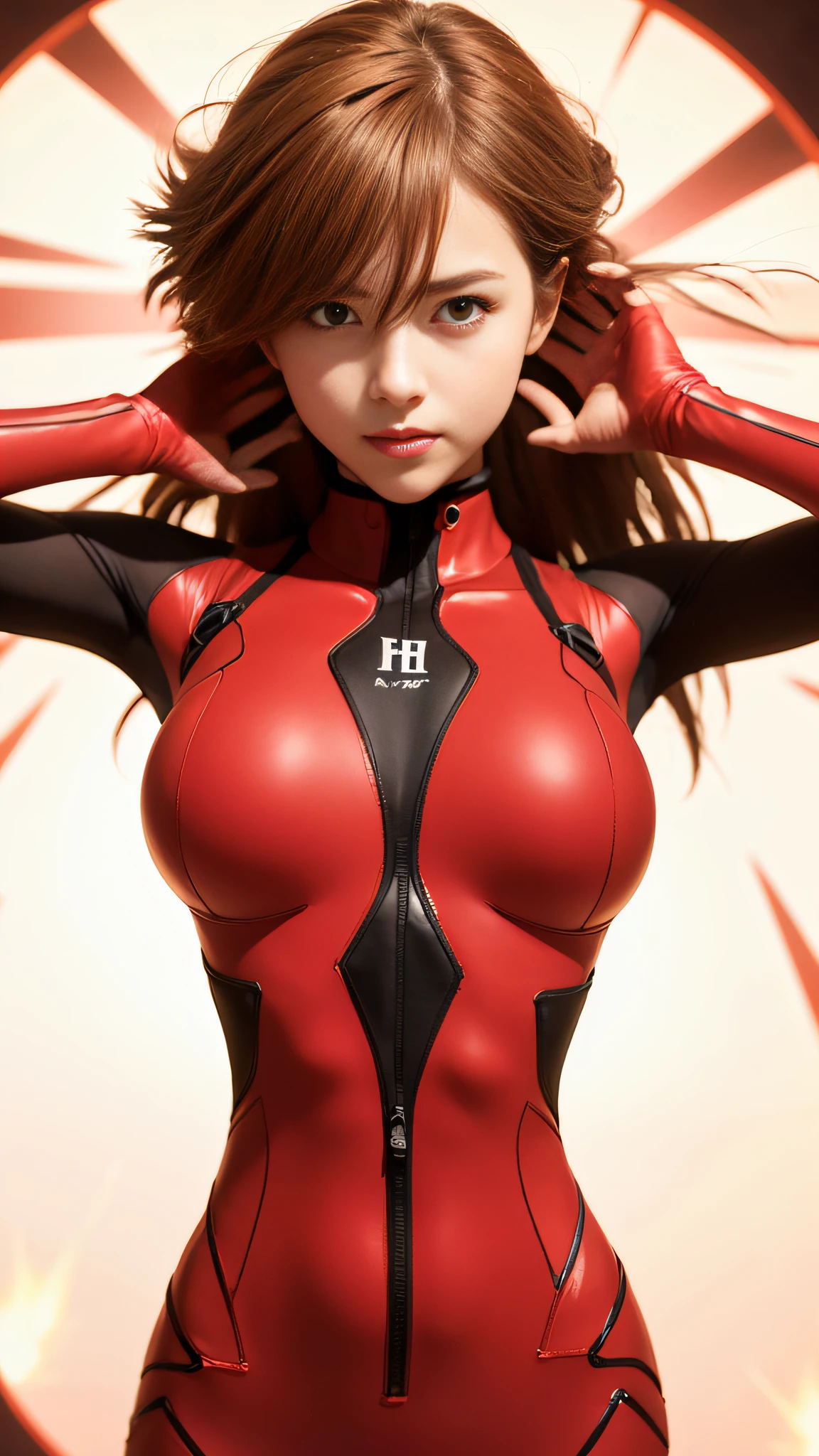 1.5)Woman posing in red suit、Drifting Asuka Langley(1girls:1.2)，Close-up of full body Zenkai！Asuka's suit、Asuka Langley、Asuka Langley Souryu、Portrait of Asuka Langley Solieu、beautiful asuka from evangelion、Asuka Suit Underwear！Asuka from Evangelion。(Light flare:1.2)+close-up+Beautiful skin+Dynamic+high detailes+Back lighting+downy+afloat+Modern metropolis。