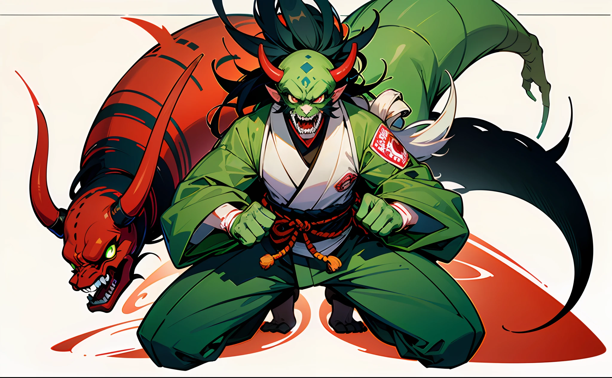 A Japanese demon half man and half animal of the color green with four arms and a scale in one hand