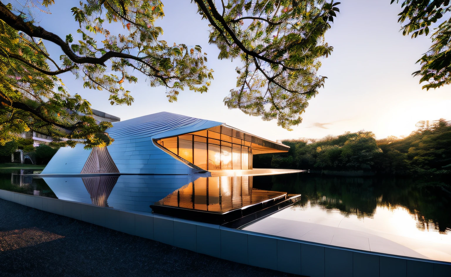 ((obra-prima, melhor qualidade)), 16k, estilo de arquitetura futurista, Foto realista, Fantastic image , arquitectura inspirada em Renzo Piano, foto hiper detalhada, single box, A 3D digital rendering of a building, glass building, Leansflare, body of water, night time, Hiperealista, trees around