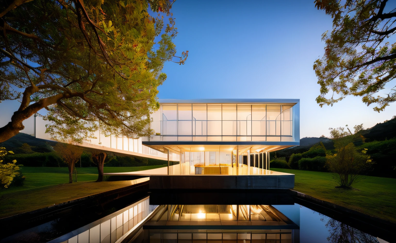 ((obra-prima, melhor qualidade)), 16k, estilo de arquitetura futurista, Foto realista, Fantastic image , arquitectura inspirada em Renzo Piano, foto hiper detalhada, single box, A 3D digital rendering of a building, glass building, Leansflare, body of water, night time, Hiperealista, trees around