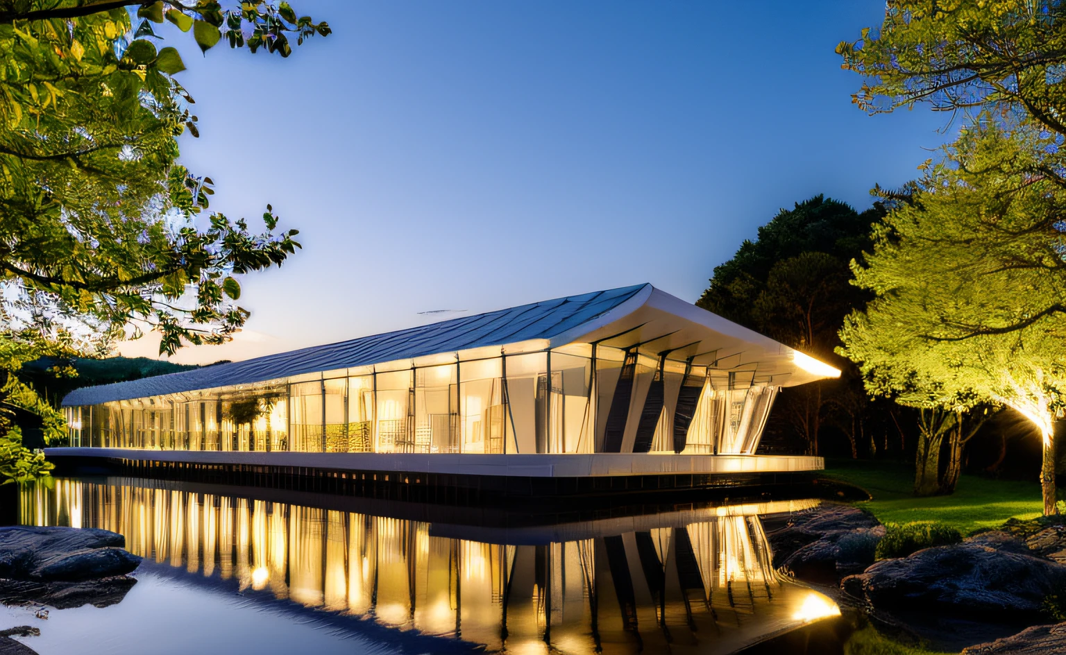 ((obra-prima, melhor qualidade)), 16k, estilo de arquitetura futurista, Foto realista, Fantastic image , arquitectura inspirada em Renzo Piano, foto hiper detalhada, single box, A 3D digital rendering of a building, glass building, Leansflare, body of water, night time, Hiperealista, trees around