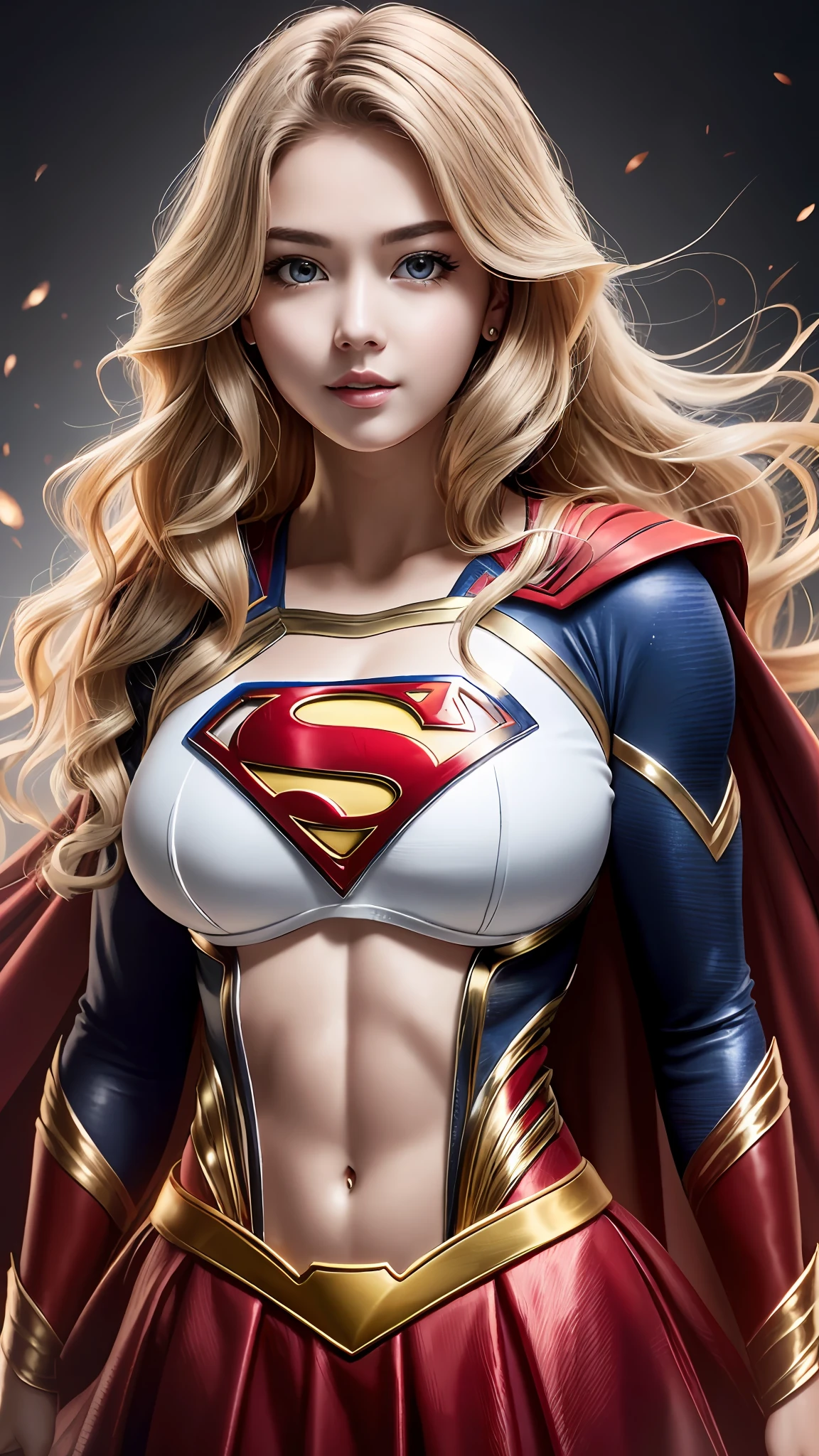 Supergirl Photo Portrait、Colorful, realistic round eyes、Dreamy and magical atmosphere、Superheroine costumes、Superman logo on chest、(a large breast:1.3)、Lightly wavy white blonde hair、Shorthair、（white male、Feminine abs）、（ shining skin、high gloss skin、Constriction、Professional lighting）、(Red short skirt)