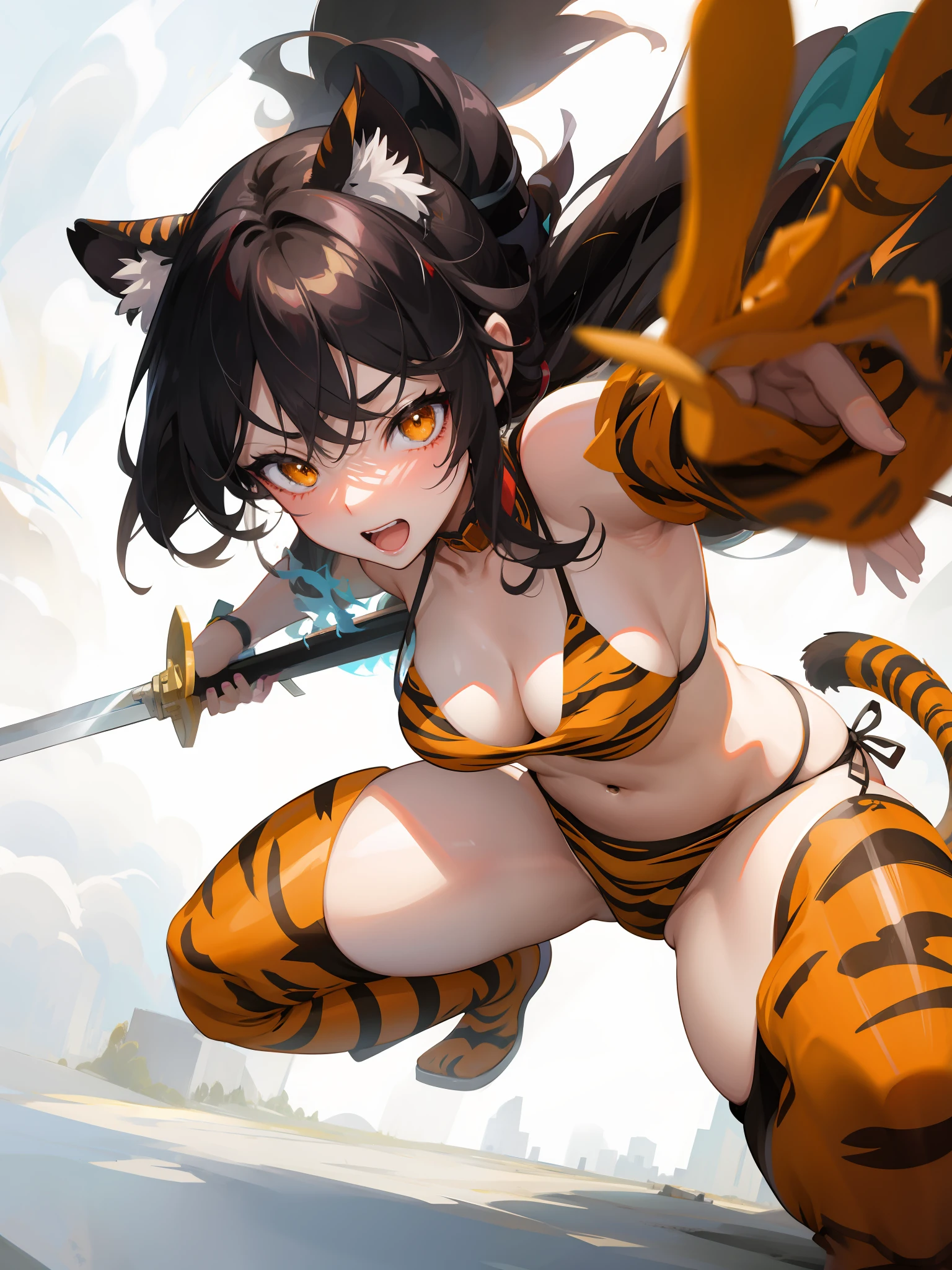 master-piece,hyper quality, hyper detailed,perfect drawing,CG,3D,8k,illustration、Hi-Res、Anime girl with tiger costume and sword, badass anime 8 K, very detailed Artgerm, seductive anime girls, a very beautiful berserker woman, female anime character, detailed anime character art, female action anime girl, anime moe art style, anime style 4 k, demon slayer rui fanart, Detailed Digital Anime Art、Sense of speed、Feeling of sprinting