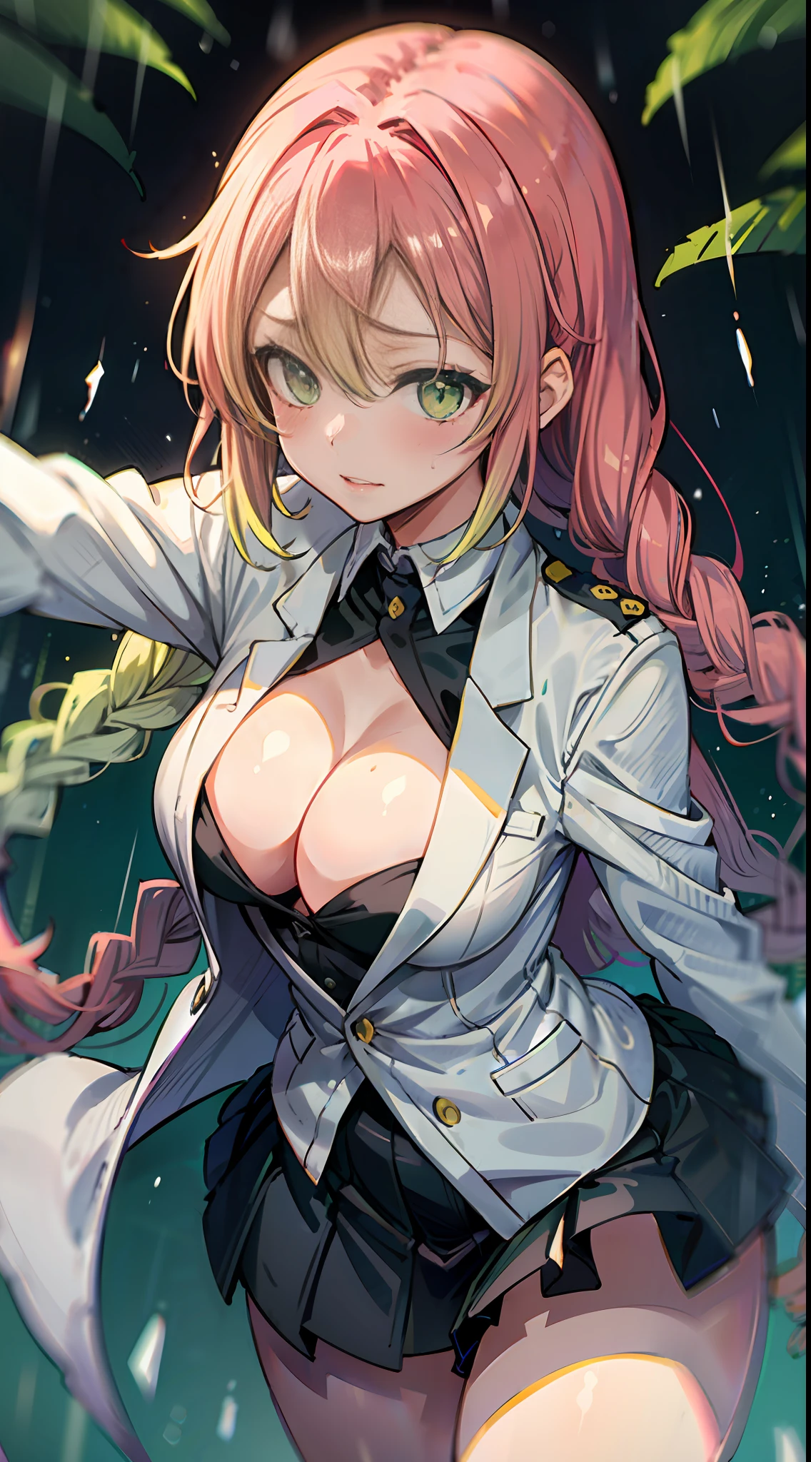 masterpiece, top quality, best quality, (sexual), 1girl, (upper body), (standing), Mitsuri, (gradient hair color), (long hair), seductive expression, sultry face, (love goddess), green eyes, (erotic),, cleavage, (demon slayer uniform), white jacket, (mini skirt), black skirt, (forest), (dark forest), (rain), (ominous),