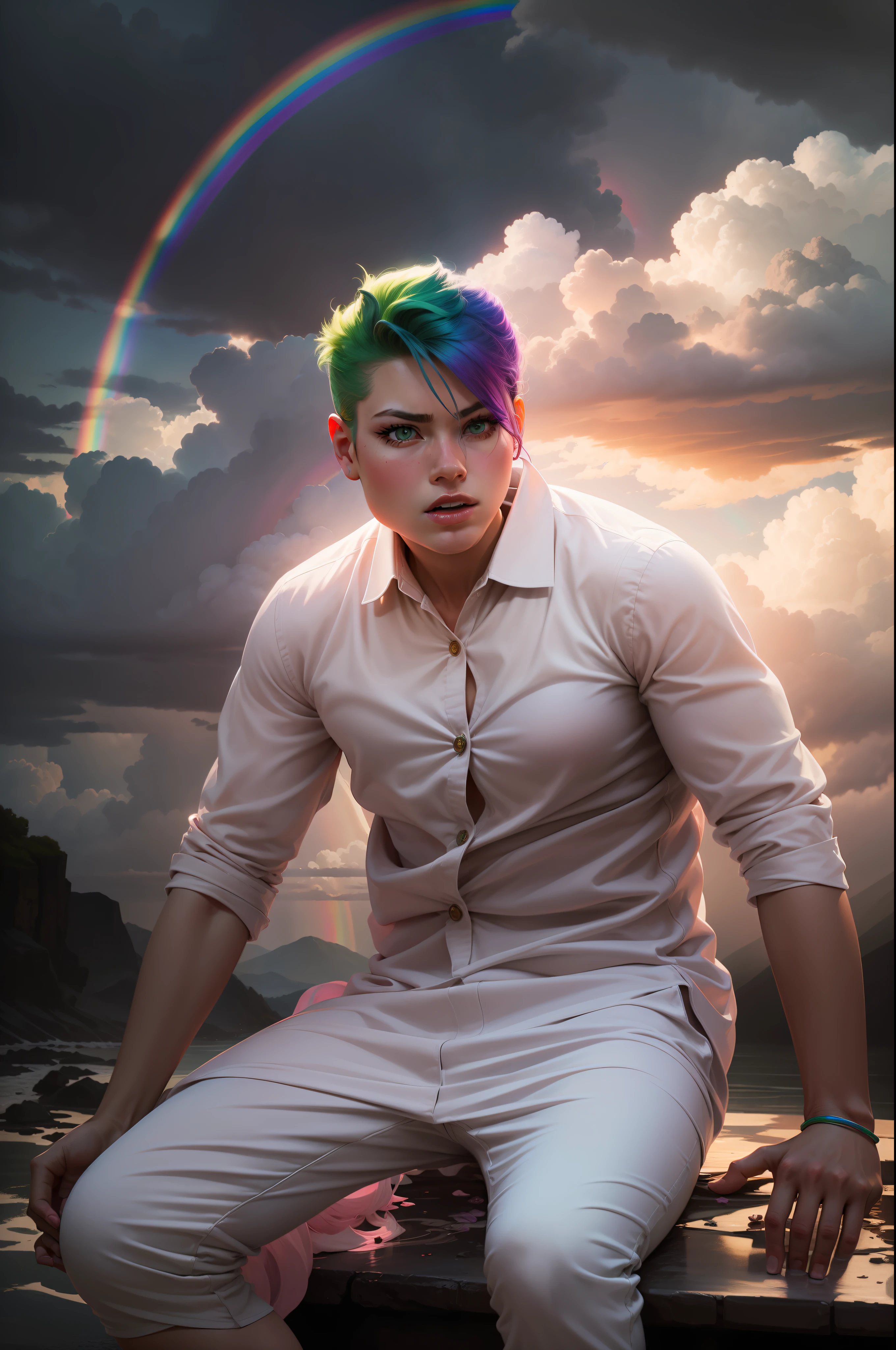 (masterpiece), ultra-high-definition, surreal scenery, vibrant colors, dramatic lighting, (1girl) in the center, piercing eyes, (green hair:1.2+pink hair:0.9), ethereal dress, surrounded by (floating flowers:1.1+glowing orbs:0.8), (dramatic clouds:1.3+rainbow: 0.7) in the background.