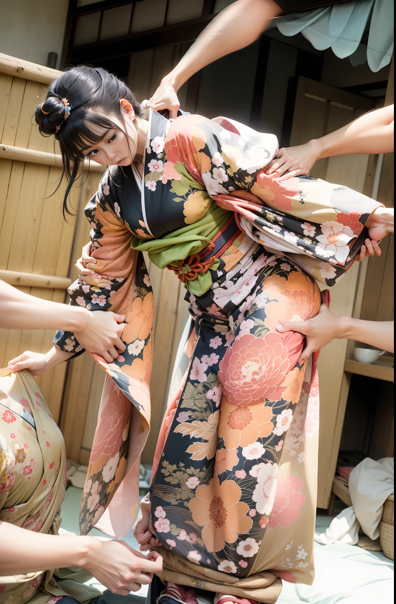 (Best Quality),The scene where the kimono grabs you while trying to tear it apart, Multiple arms grab onto the kimono,Strong wind expression that grabs the fabric of the kimono,Cute Japan Model Girl