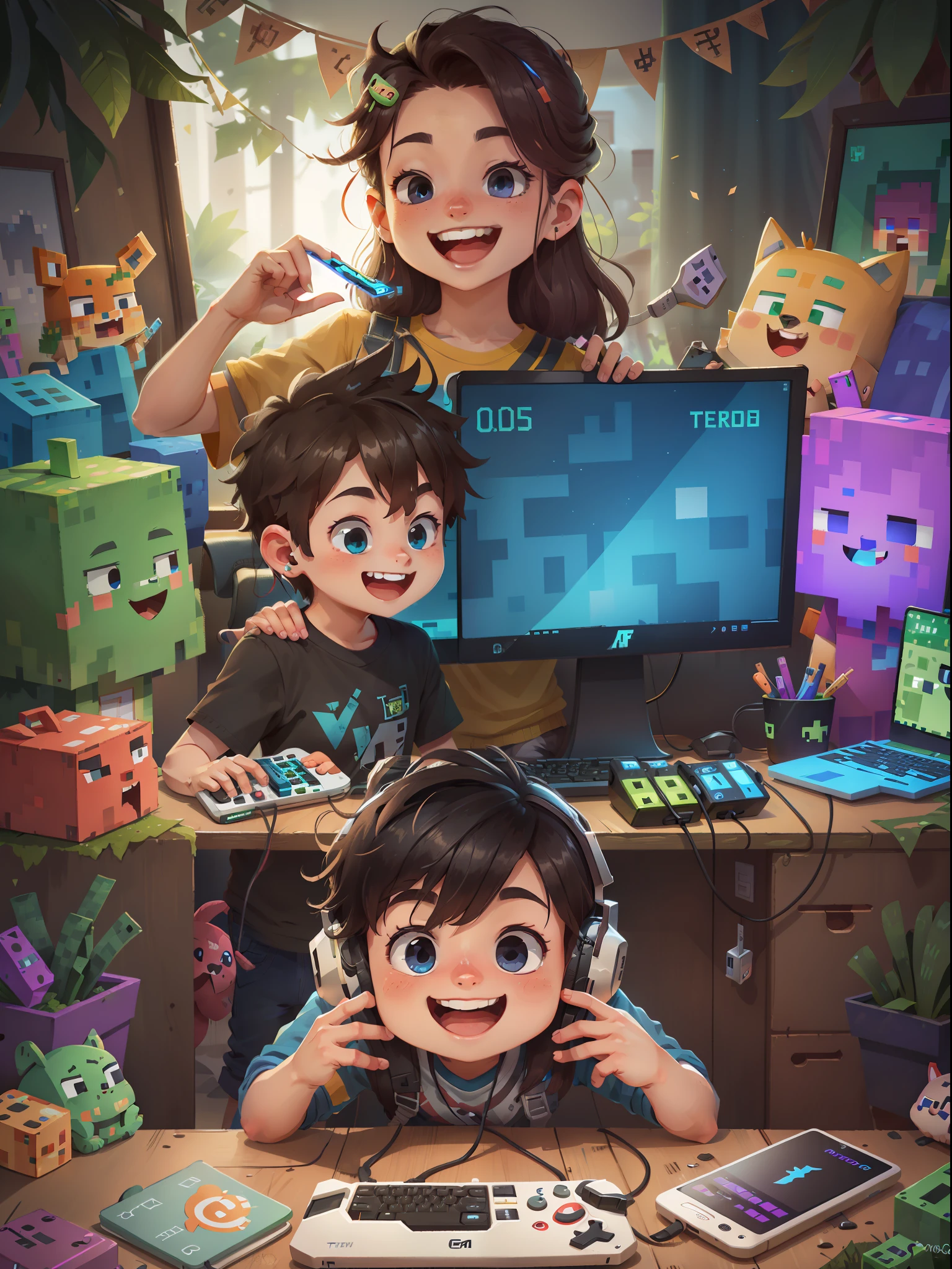 gamer sorrindo, teclado rgb, computador gamer, fone de ouvido, jogando minecraft, live stream