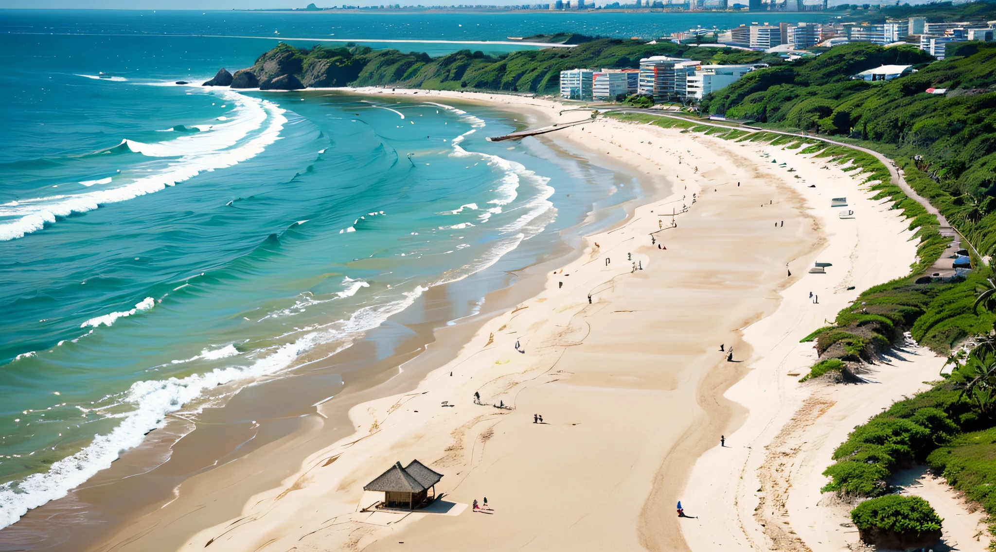 papel de parede 1920x1080p, praia, mar, areia, palmeiras, algumas pessoas bonitas na areia, foto clara, ultra detalhado --auto