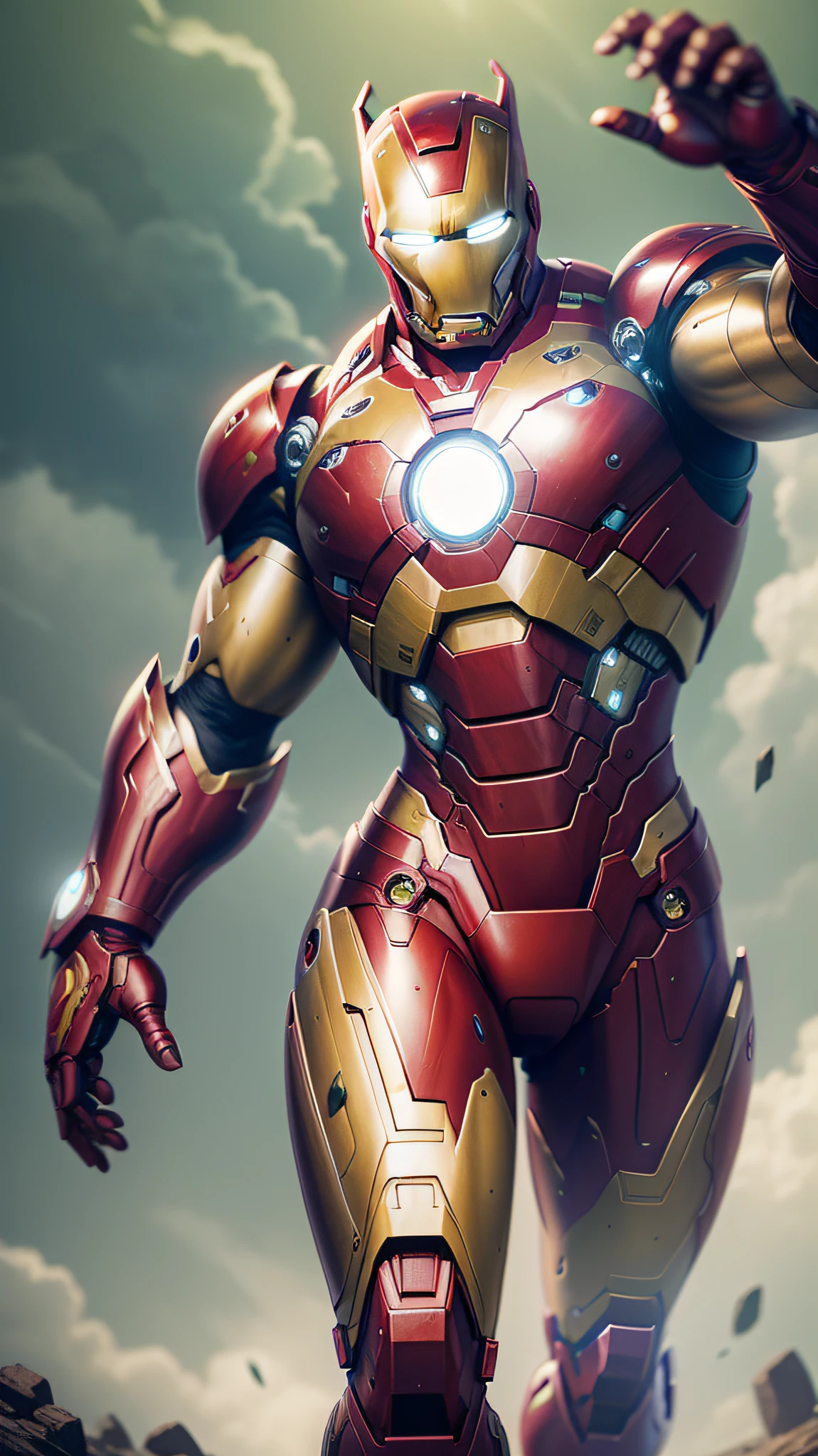 Iron man. Pose de ataque. Background explosion. Metalico. Suciedad. Manchas. Damage