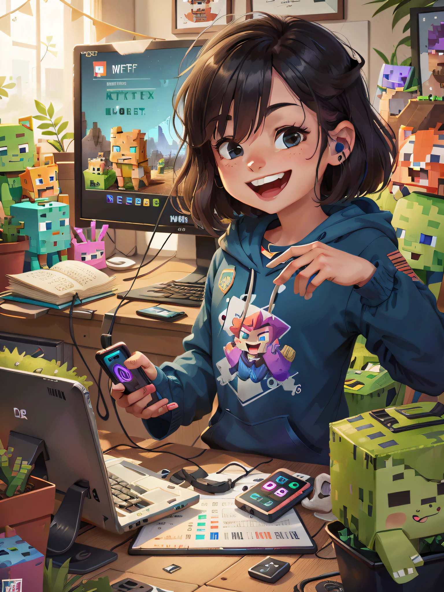 gamer sorrindo, teclado rgb, computador gamer, fone de ouvido, jogando minecraft, live stream