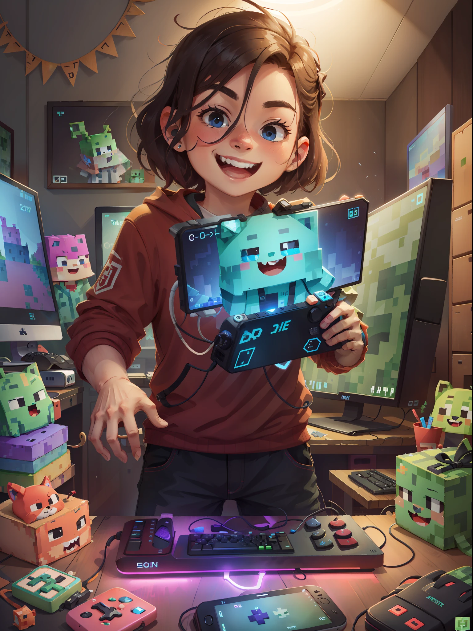 gamer sorrindo, teclado rgb, computador gamer, fone de ouvido, jogando minecraft, live stream