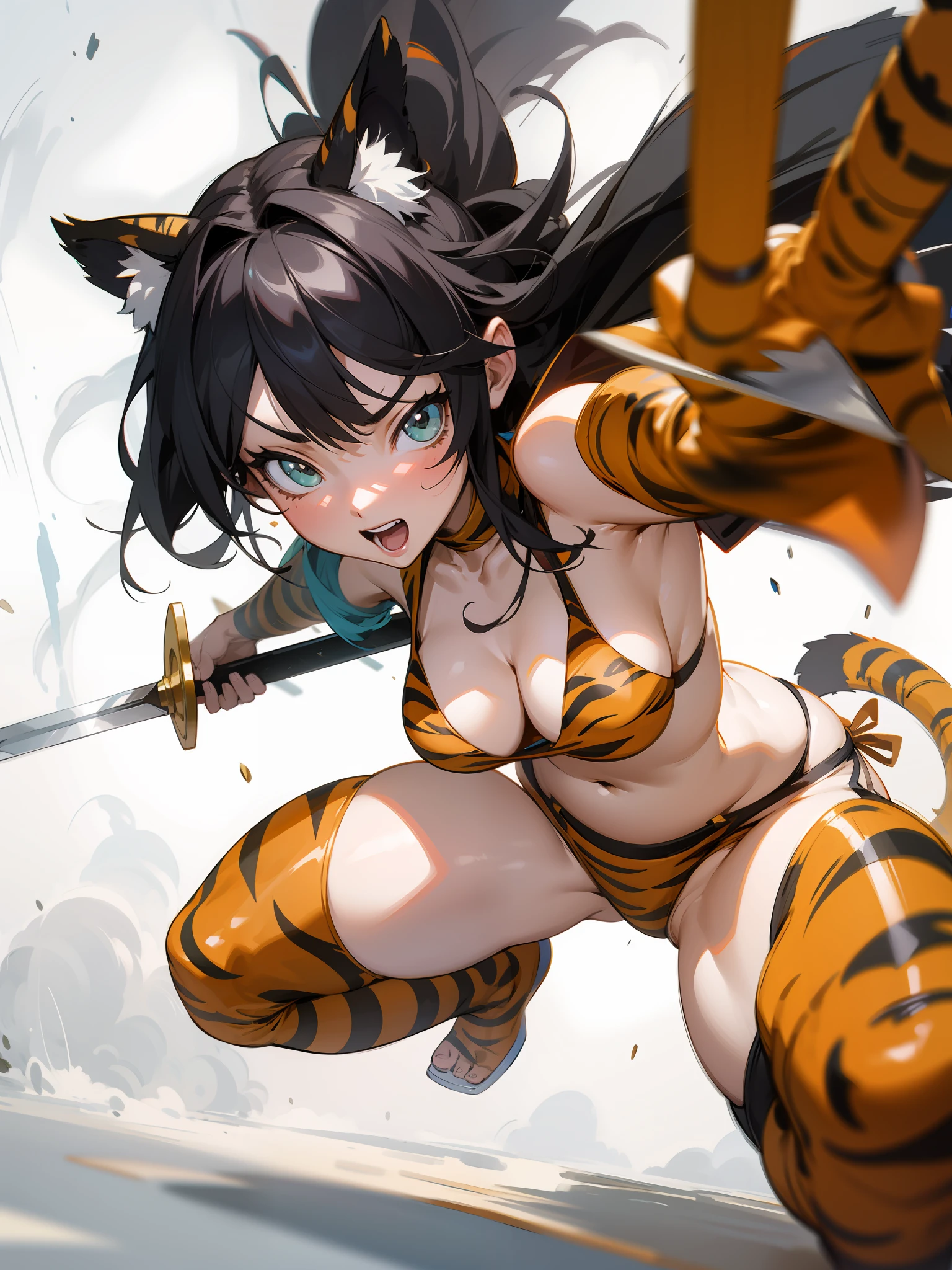 master peice,hyper quality, hyper-detail,Perfect drawing,fwb,。.3D,8K,Illustration、Hi-Res、Anime girl with tiger costume and sword, badass anime 8 K, very detailed Artgerm, Sense of speed、Feeling of sprinting