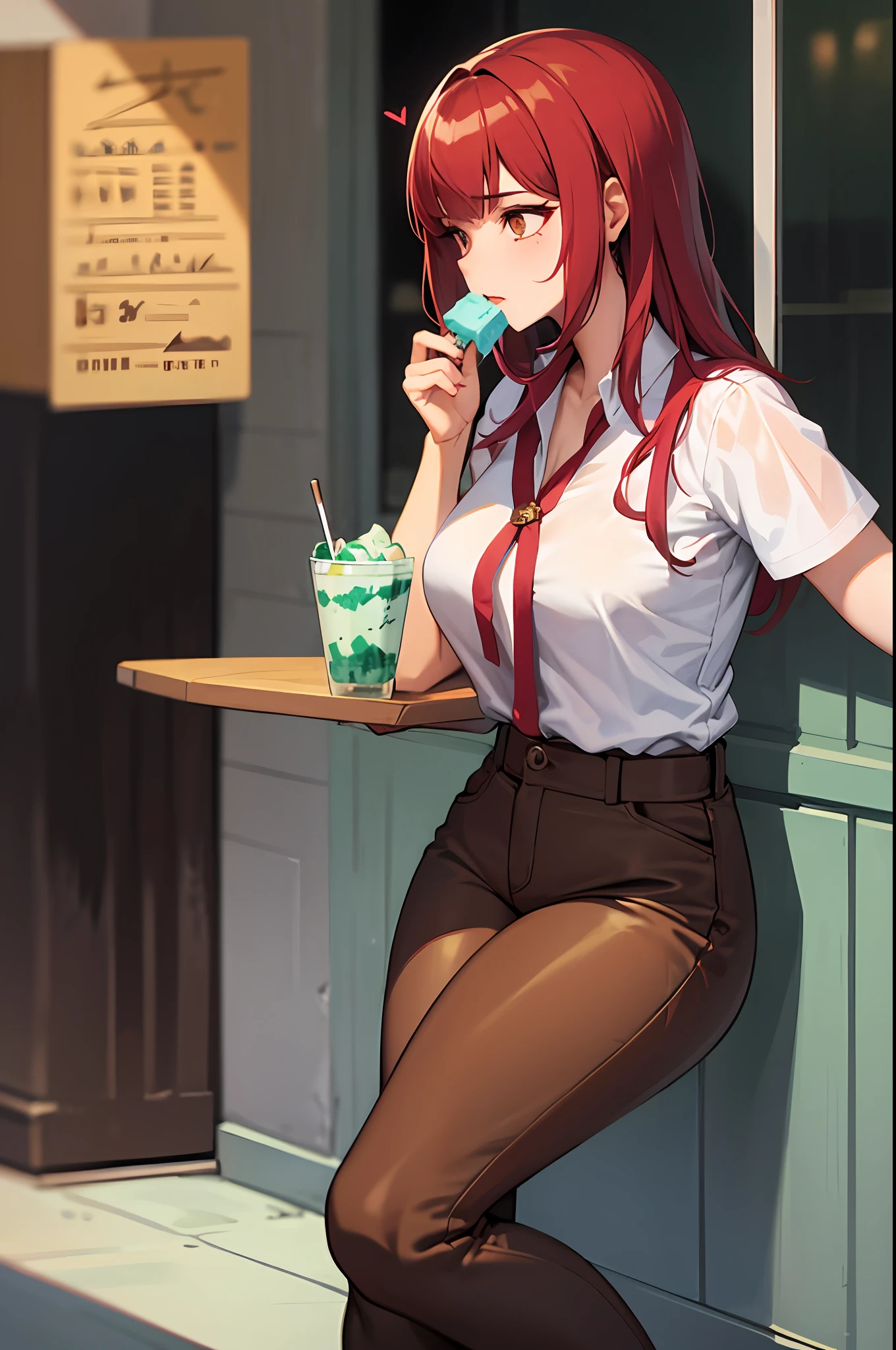 obra maestra, mejor calidad, 1chica, pelo largo, busto grande, cabello muy largo rojo, cabello rojo, vaquero, brown trousers, ropa de vaquero, comiendo helado, helado de menta, exterior, sexy, sensual, Nlanca and brown clothing, ojos amarillos, seria, sin emociones, mujer adulta, trenzas, seductora, manos en la cintura,