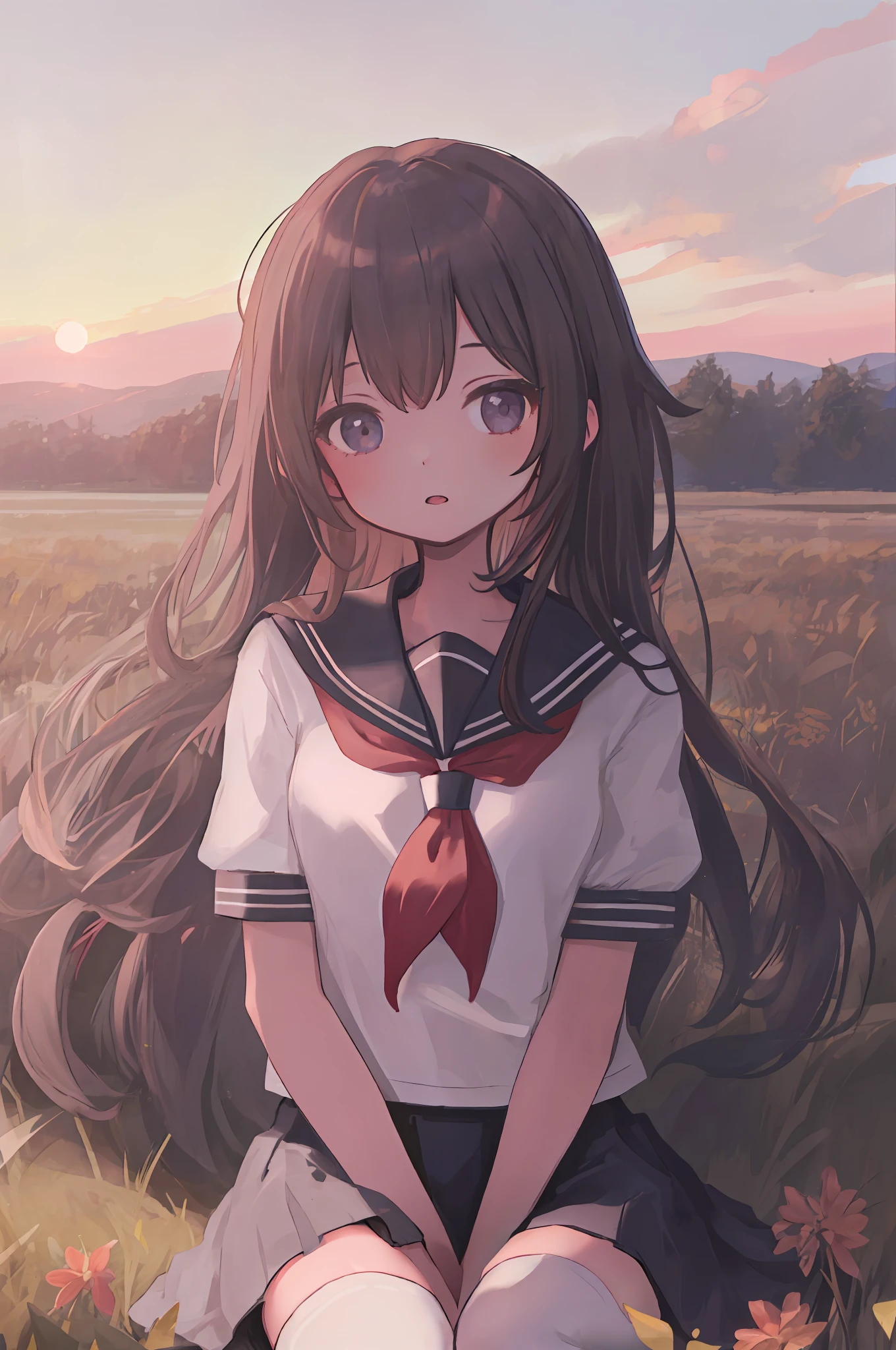 （nmasterpiece + of the best quality），1 girl sitting in a field in natural light，bluntbangs+black har+shcool uniform+White tights+With his legs wide open+Lying down（serafuku）。The blurred background of the sunset sets off the whole picture and the girl's temperament。