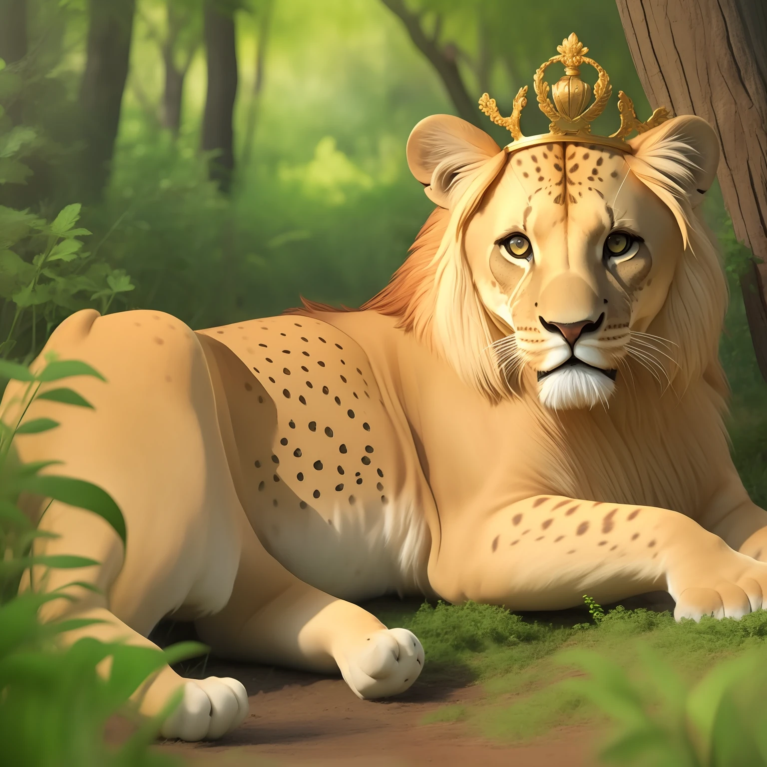 Lion cub wearing a king's crown in a forest