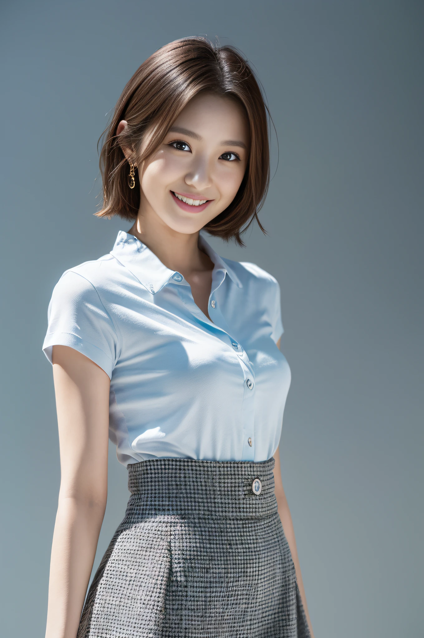 30 y o, ((Best Quality, 8K, Maste Piece: 1.3)), Japanese cool beauty, empty blue background: 1.8, White shirt, Gray skirt, Highly detailed face and skin texture, Smile, fashion model pose