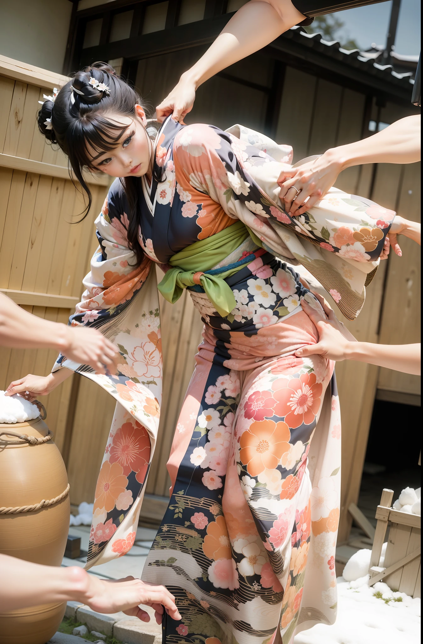 (Best Quality),The scene where the kimono grabs you while trying to take it off, Multiple arms grab onto the kimono,Strong wind expression that grabs the fabric of the kimono,Cute Japan Model Girl