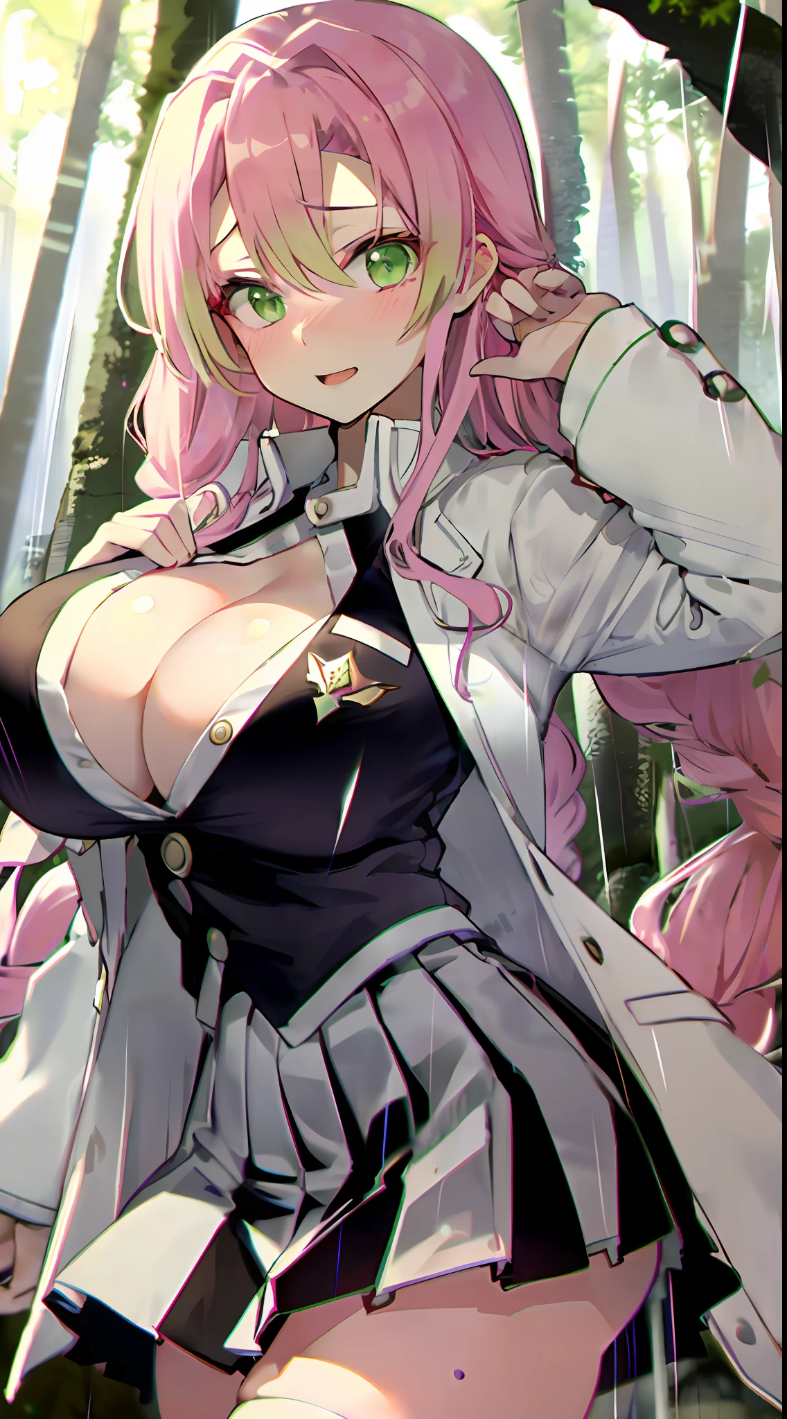 masterpiece, top quality, best quality, (sexual), 1girl, (upper body), (standing), Mitsuri, (shaded hair color), (long hair), seductive expression, sensual face, (love goddess), green eyes, (erotic),, cleavage, (demon slayer uniform), white jacket, (mini skirt), black skirt, (forest), (dark forest), (rain), (threatening), huge boobs, sexy exciting poses