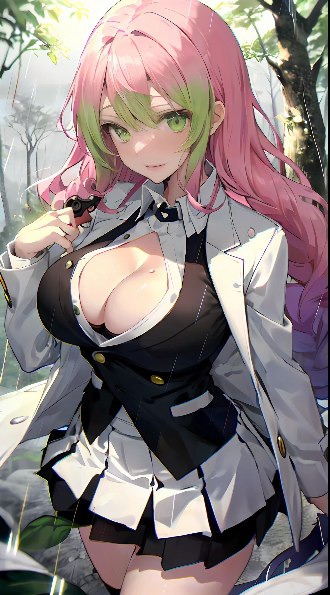 masterpiece, top quality, best quality, (sexual), 1girl, (upper body), (standing), Mitsuri, (gradient hair color), (long hair), seductive expression, sultry face, (love goddess), green eyes, (erotic),, cleavage, (demon slayer uniform), white jacket, (mini skirt), black skirt, (forest), (dark forest), (rain), (ominous),
