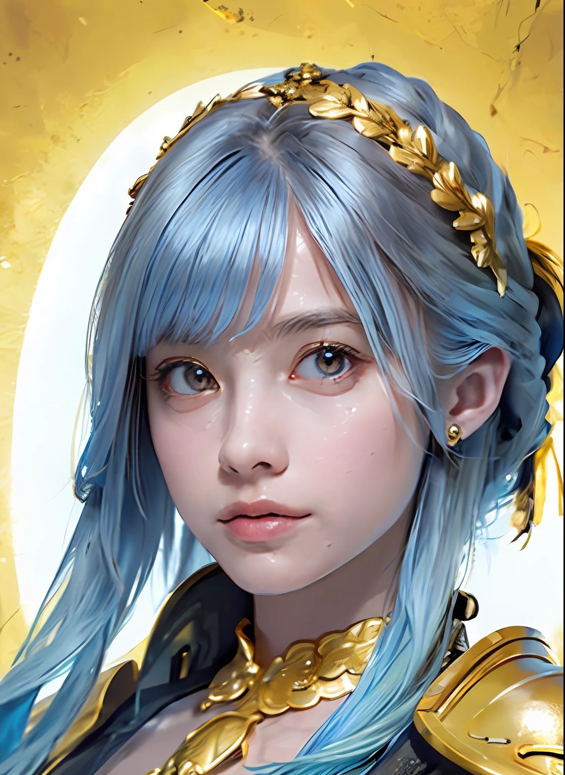 (Realistic, Portrait: 1.3), Complex Details, Big, Sexy Swimsuit, (Ultrareal), (Illustration), (High Resolution), (8K), (Very Detailed), (Best Illustration), (Beautiful Detailed Eyes), (Best Quality), (Ultra Detailed), Intricate Detail Jewels (Detailed Women's Armor: 1.3), (Gorgeous Gold Armor: 1.3), 1 Girl, Solo, Long Hair, Wind, Gorgeous Face, Top quality, masterpiece, maximum detail, diffused lighting, (blue hair: 1.3), Valhalla Valkyrie, mechanical arm,