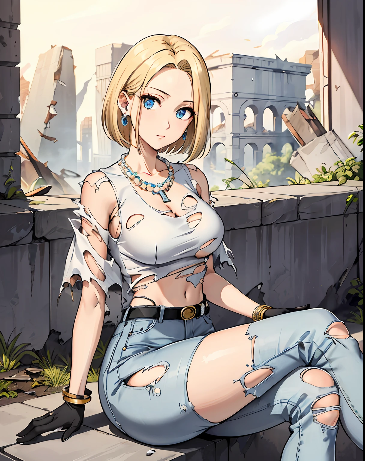 best quality, highres, and18, 1girl, android 18, solo, blonde hair, blue eyes, belt, jeans, pearl_necklace, bracelet, black gloves, white shirt, short hair, short sleeves, earrings, blue pants, open vest, black vest, large breasts, (ruins:1.3), (torn clothes:1.5), sitting, expressionless, crossed legs,