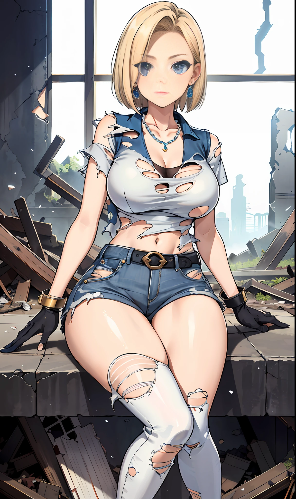 best quality, highres, and18, 1girl, android 18, solo, blonde hair, blue eyes, belt, jeans, pearl_necklace, bracelet, black gloves, white shirt, short hair, short sleeves, earrings, blue pants, open vest, black vest, large breasts, (ruins:1.3), (torn clothes:1.5), sitting, expressionless, crossed legs,