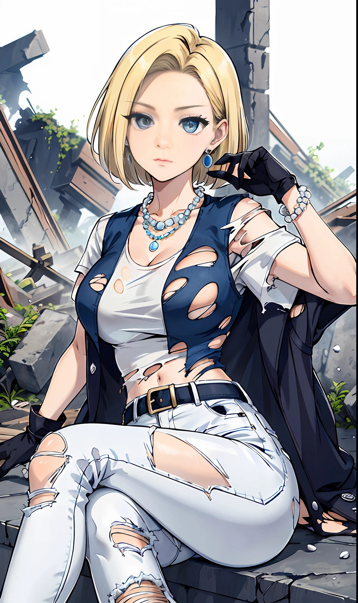 best quality, highres, and18, 1girl, android 18, solo, blonde hair, blue eyes, belt, jeans, pearl_necklace, bracelet, black gloves, white shirt, short hair, short sleeves, earrings, blue pants, open vest, black vest, large breasts, (ruins:1.3), (torn clothes:1.5), sitting, expressionless, crossed legs,