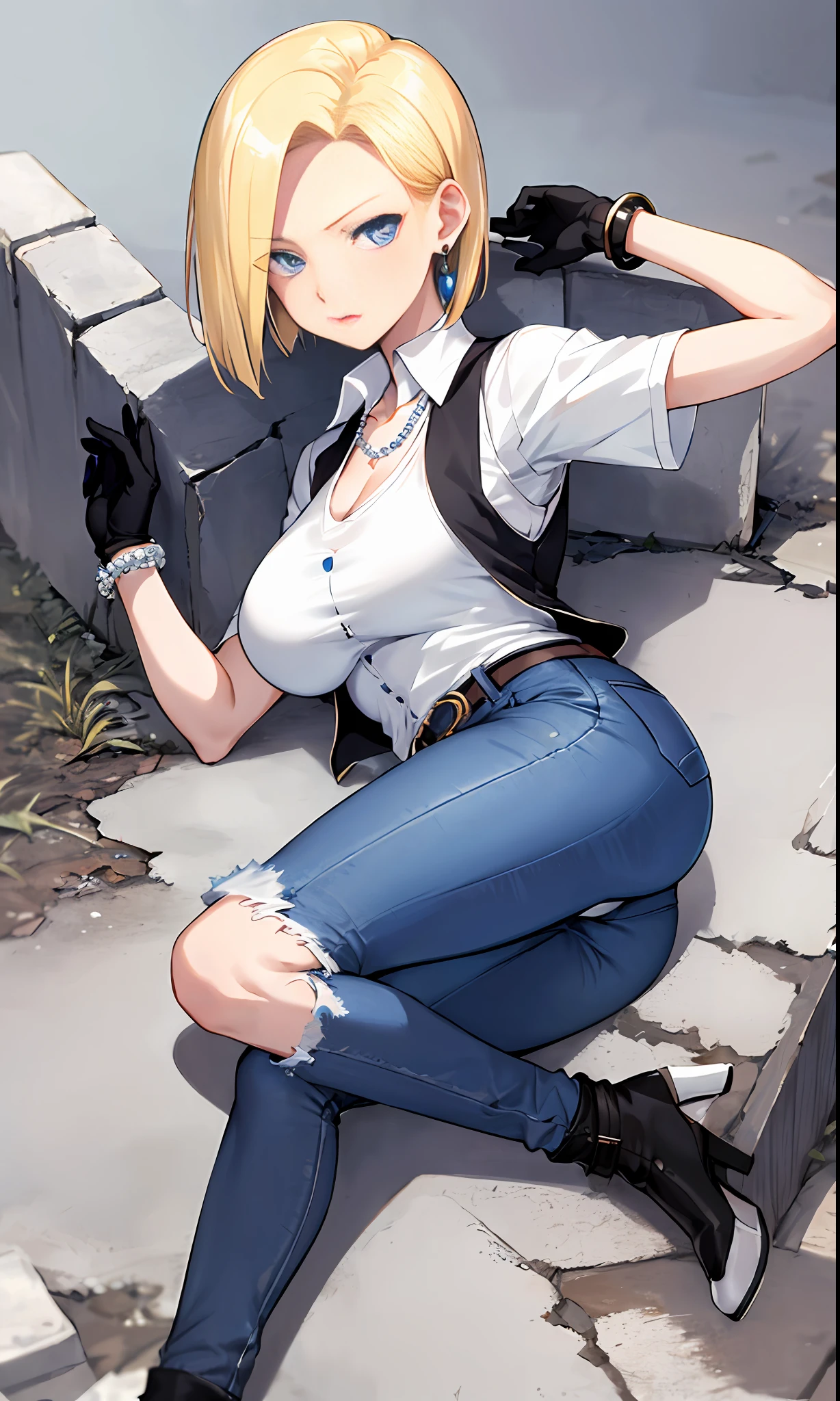 best quality, highres, and18, 1girl, android 18, solo, blonde hair, blue eyes, belt, jeans, pearl_necklace, bracelet, black gloves, white shirt, short hair, short sleeves, earrings, blue pants, open vest, black vest, large breasts, (ruins:1.3), (torn clothes:1.5), sitting, expressionless, crossed legs,