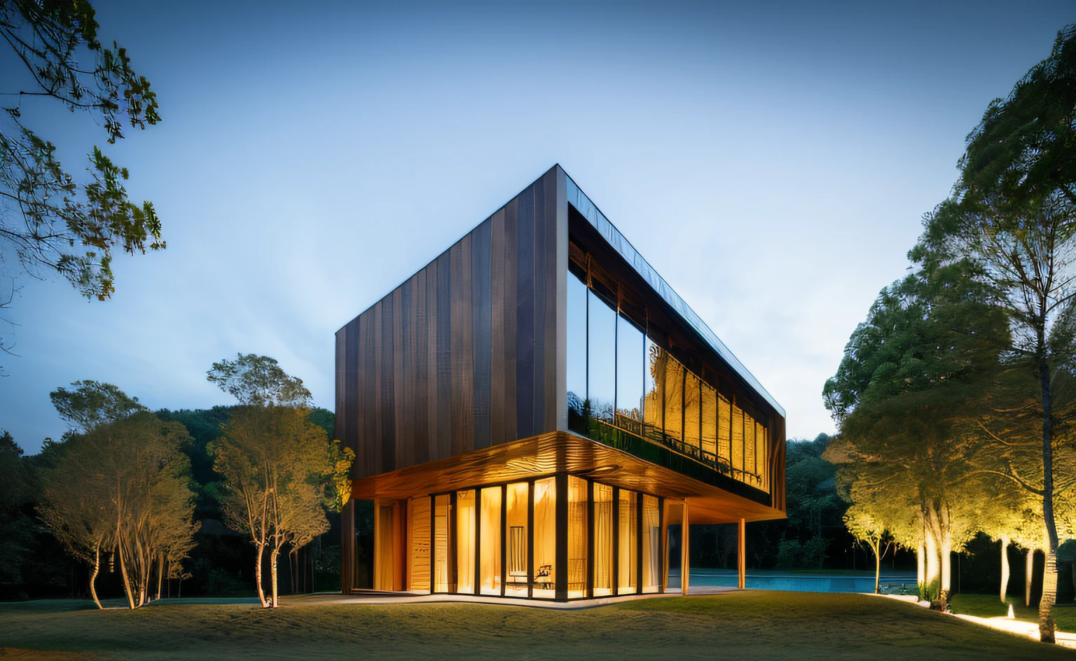 ((obra-prima, melhor qualidade)), 16k, estilo de arquitetura futurista, Foto realista, Fantastic image , arquitectura inspirada em Zaida Hadid, Glass building body, foto hiper detalhada, single box, A 3D digital rendering of a building, glass building some wood, Leansflare, body of water, night time, Hiperealista, trees around