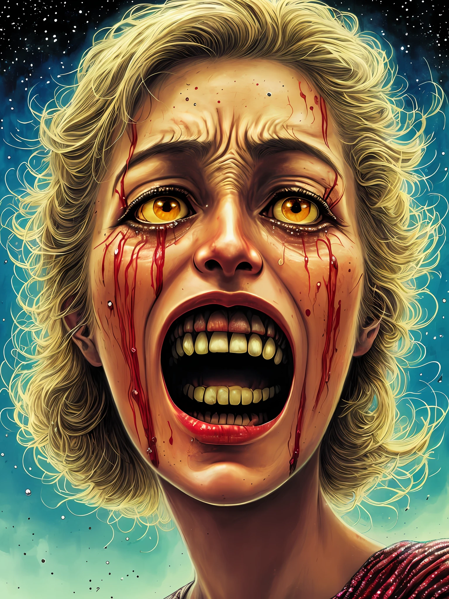 Woman's face screaming as she cries tears of blood.arte de Wayne Barlowe, arte de Josephine Wall, detalhada, sharp picture, Rendering, 8k, luz de borda, close-up, horror corporal, poster, hdr, intrincado, interlaced golden rings, The surface of each ring is covered by many eyes, moving hovering in the sky