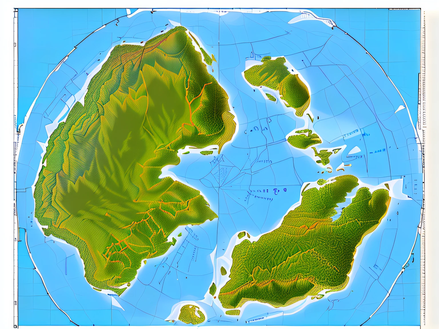 Give me a unique flat map with five continents. O mapa deve incluir itens como floresta, mares, cachoeiras, vilas, montanhas e outros comuns em mapas de RPG em um modelo definido, detalhado, com foco, ultra alta qualidade, 8k Ultra HD, 16:9, Mapa Arafed das ilhas havaianas com um fundo azul, hyperborea, mapas da oficina steam, mapa altamente detalhado, paleozoic atlantis, based on geographical map, Terragen, pintado digitalmente, Um mapa 3D requintado, terraformation, um hiper realista, topografia, mapa de fantasia detalhado, cartografia do mapa, rendered illustration, Directed by: David B. Fosco