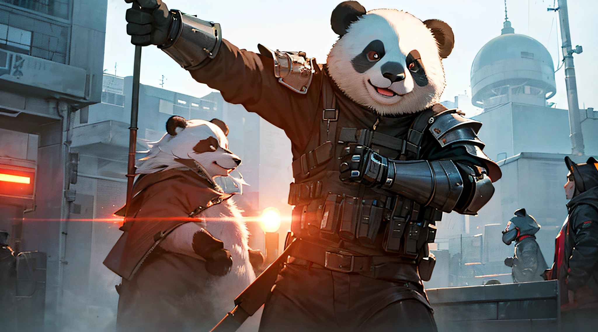 strong panda, wearing full tactical black metal armor. The scene takes place in a futuristic city at night, illuminated by neon lights. Enhance the realism of the panda portrait with cinematic lighting --auto